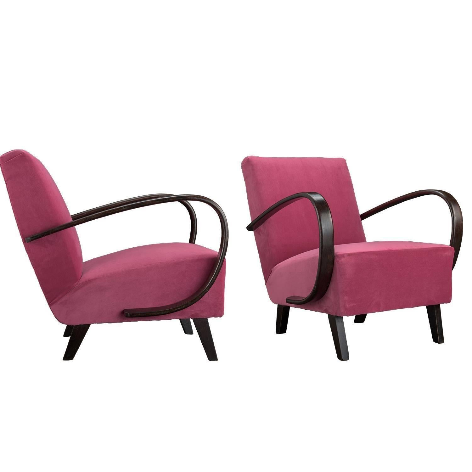 Modern Jindrich Halabala Velvet and Bentwood Armchairs, circa 1930