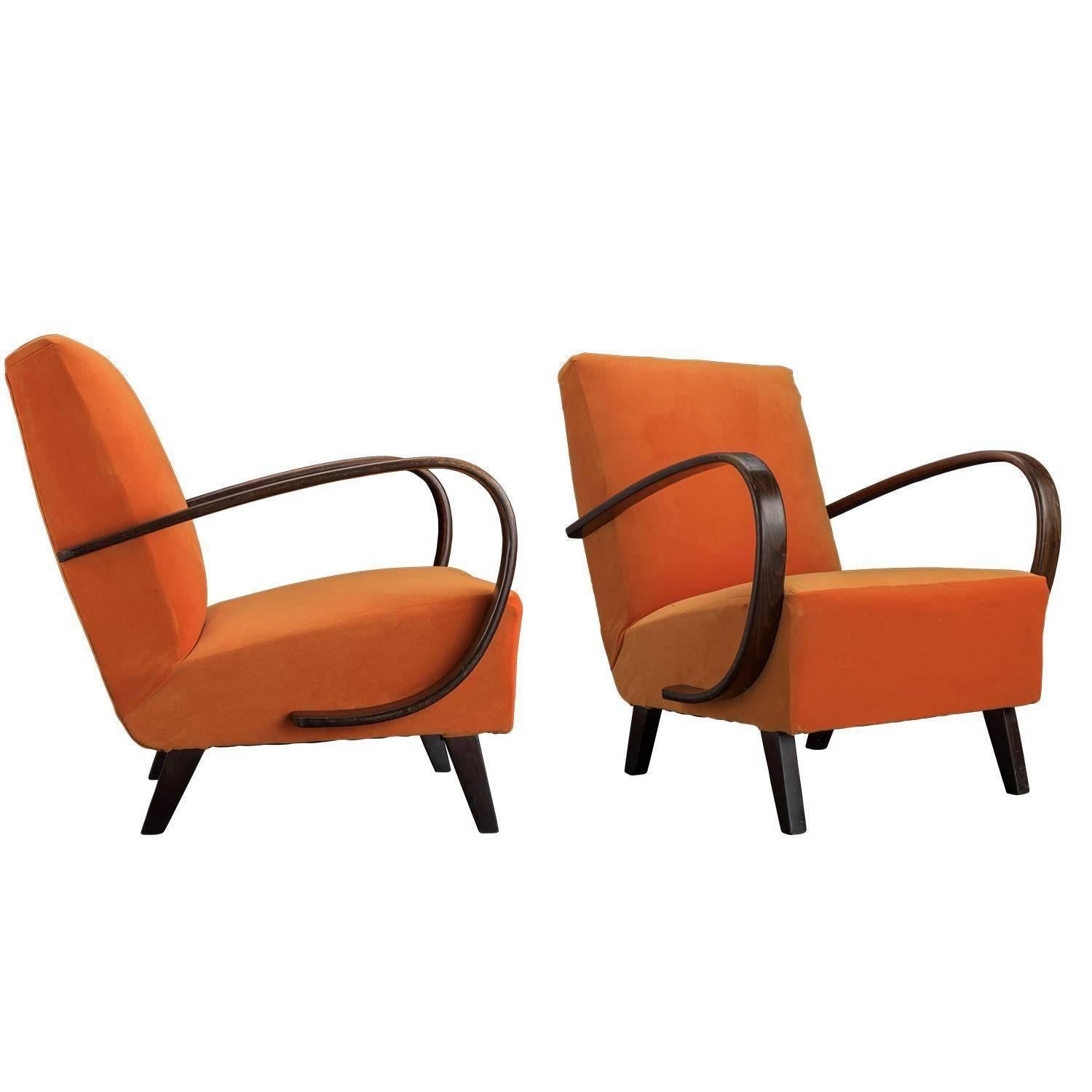 Czech Jindrich Halabala Velvet and Bentwood Armchairs, circa 1930