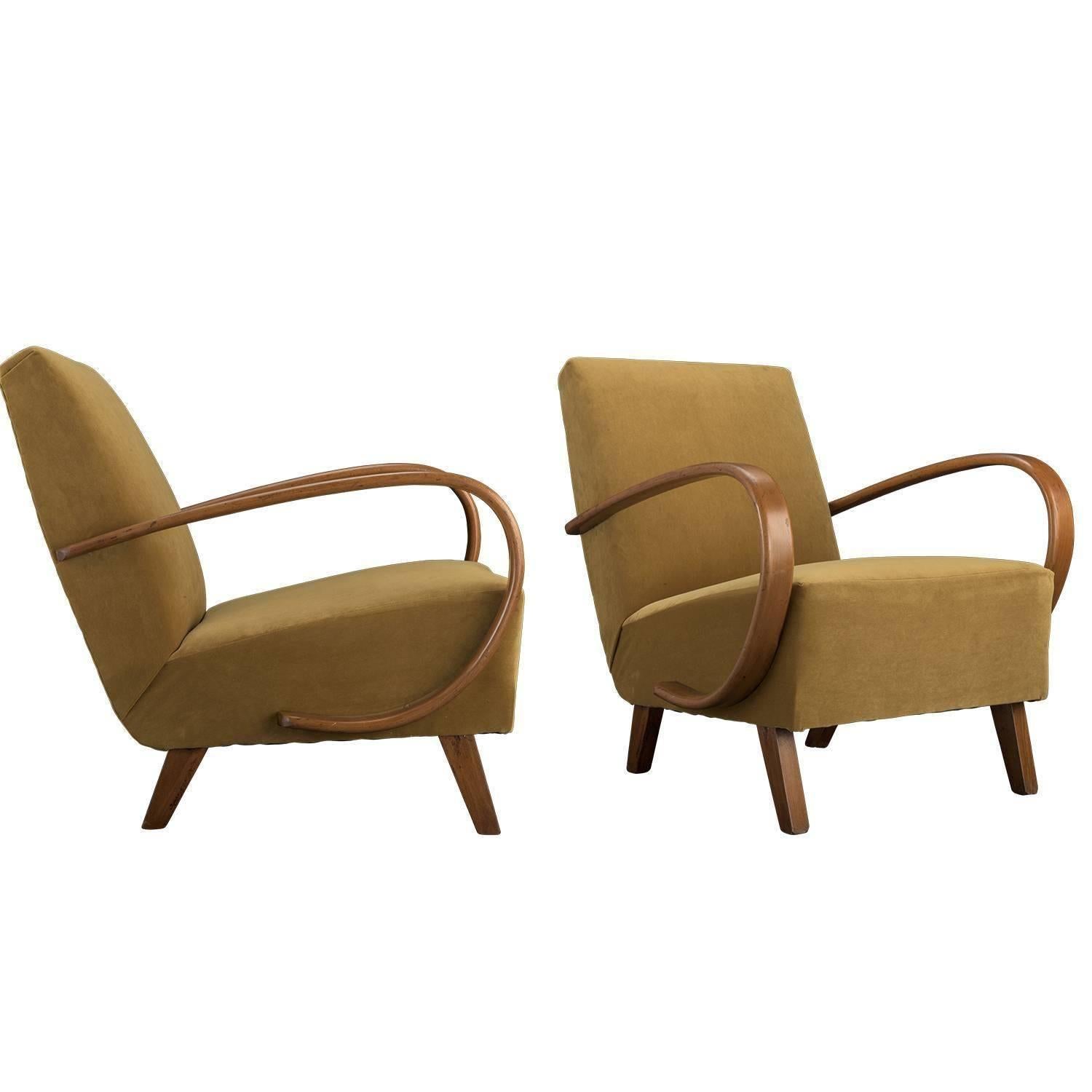 Jindrich Halabala Velvet and Bentwood Armchairs, circa 1930 In Good Condition In Culver City, CA