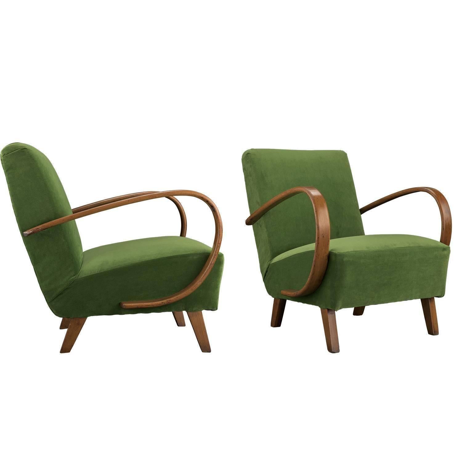 Mid-20th Century Jindrich Halabala Velvet and Bentwood Armchairs, circa 1930