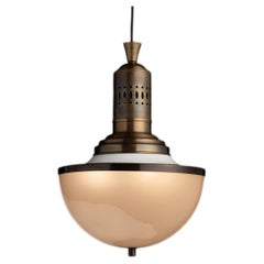 Lampada a sospensione in ottone e vetro satinato, stile industriale, Made in Italy