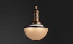 Lampada a sospensione in ottone e vetro satinato, stile industriale, Made in Italy