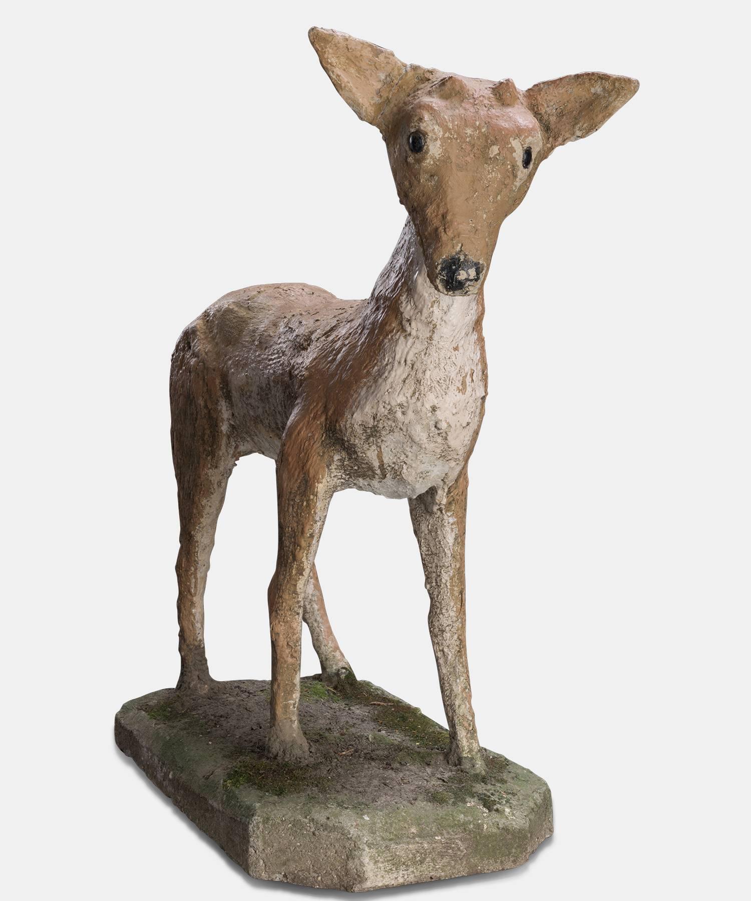 Painted Naive Concrete Garden Sculpture of a Doe, circa 1950