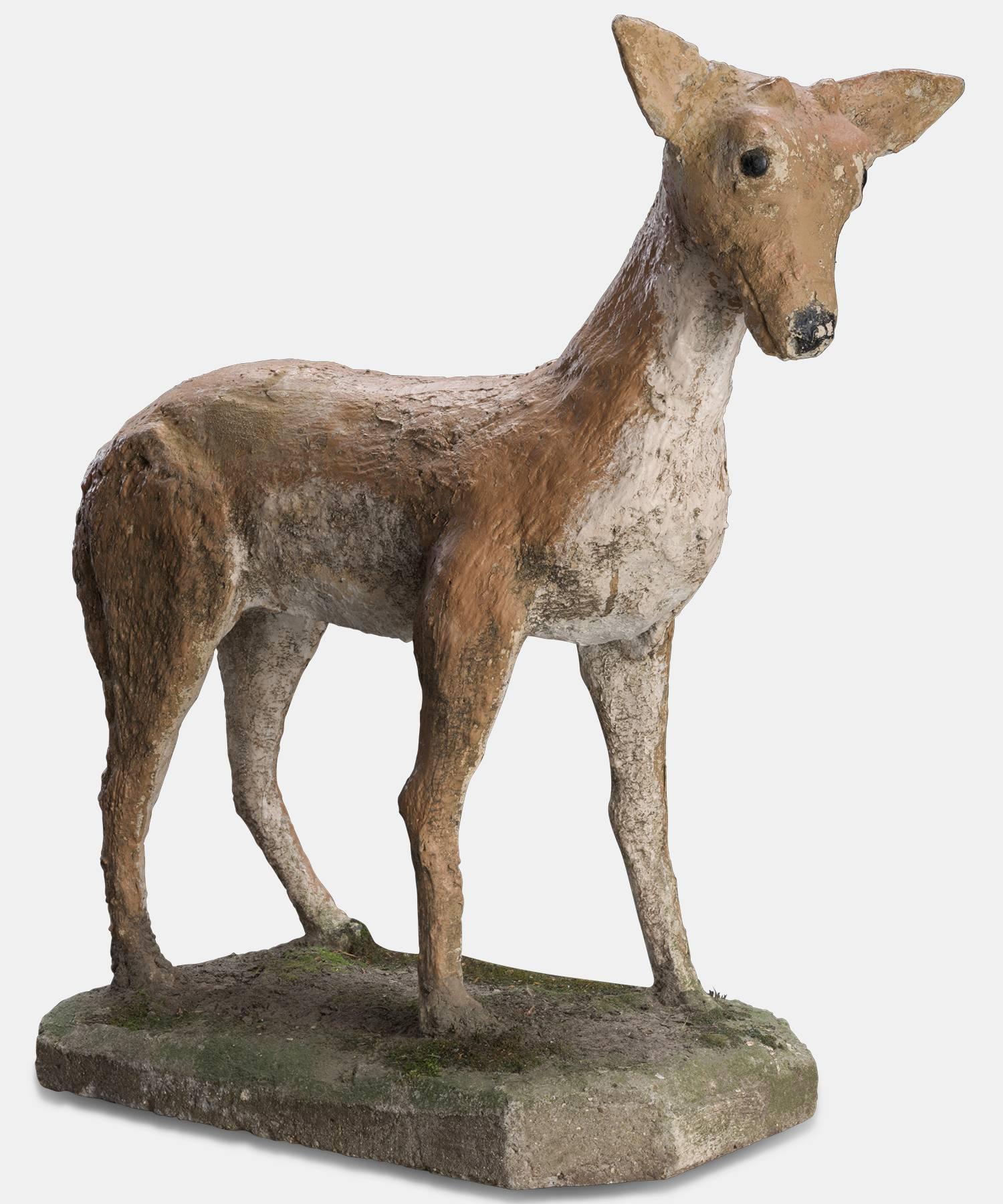 Painted Cast Concrete Garden Animal Statue, circa 1950. Cast concrete statue of a deer with rich patina and original period paint. 