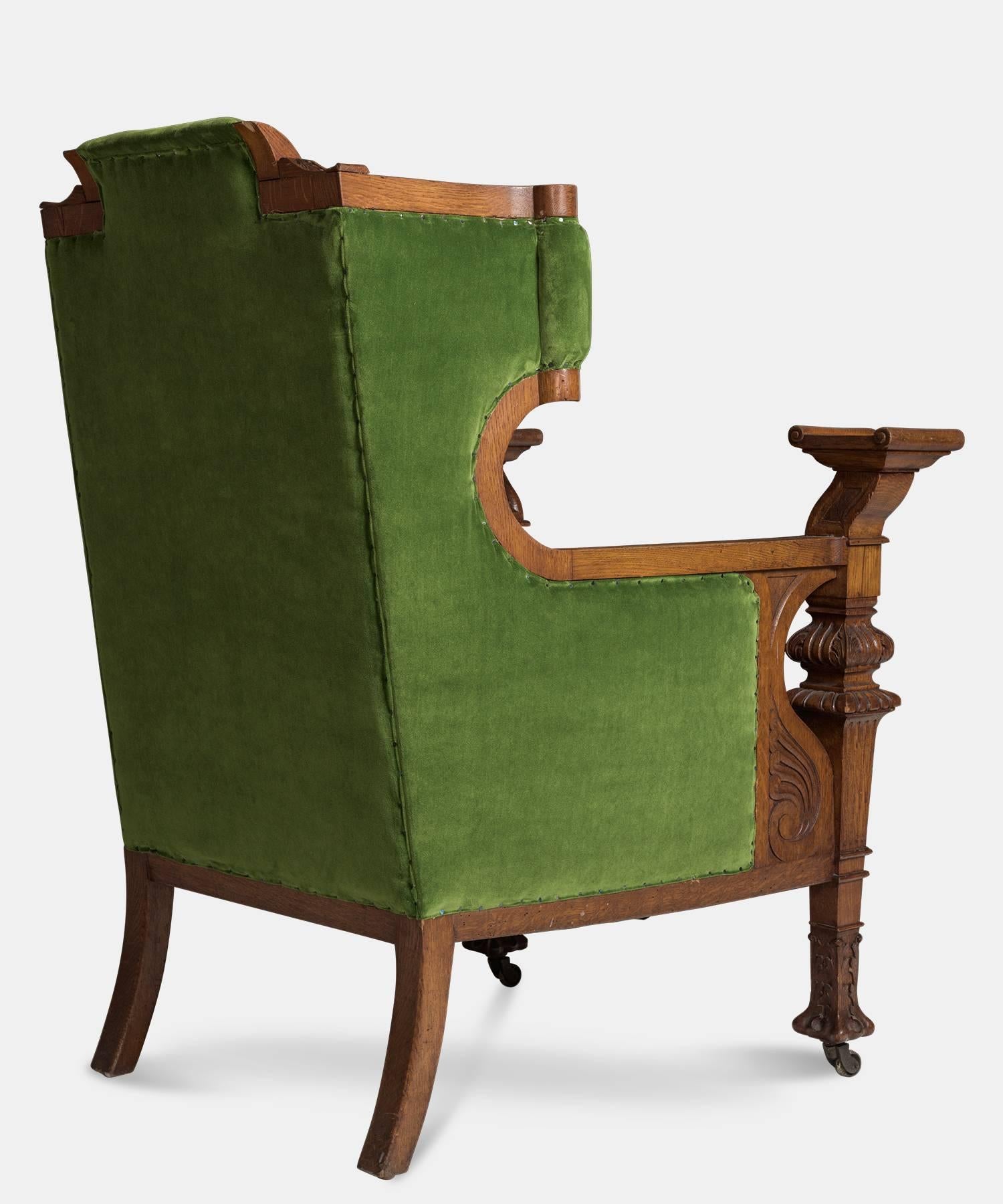 English Green Velvet and Oak Armchair, circa 1860