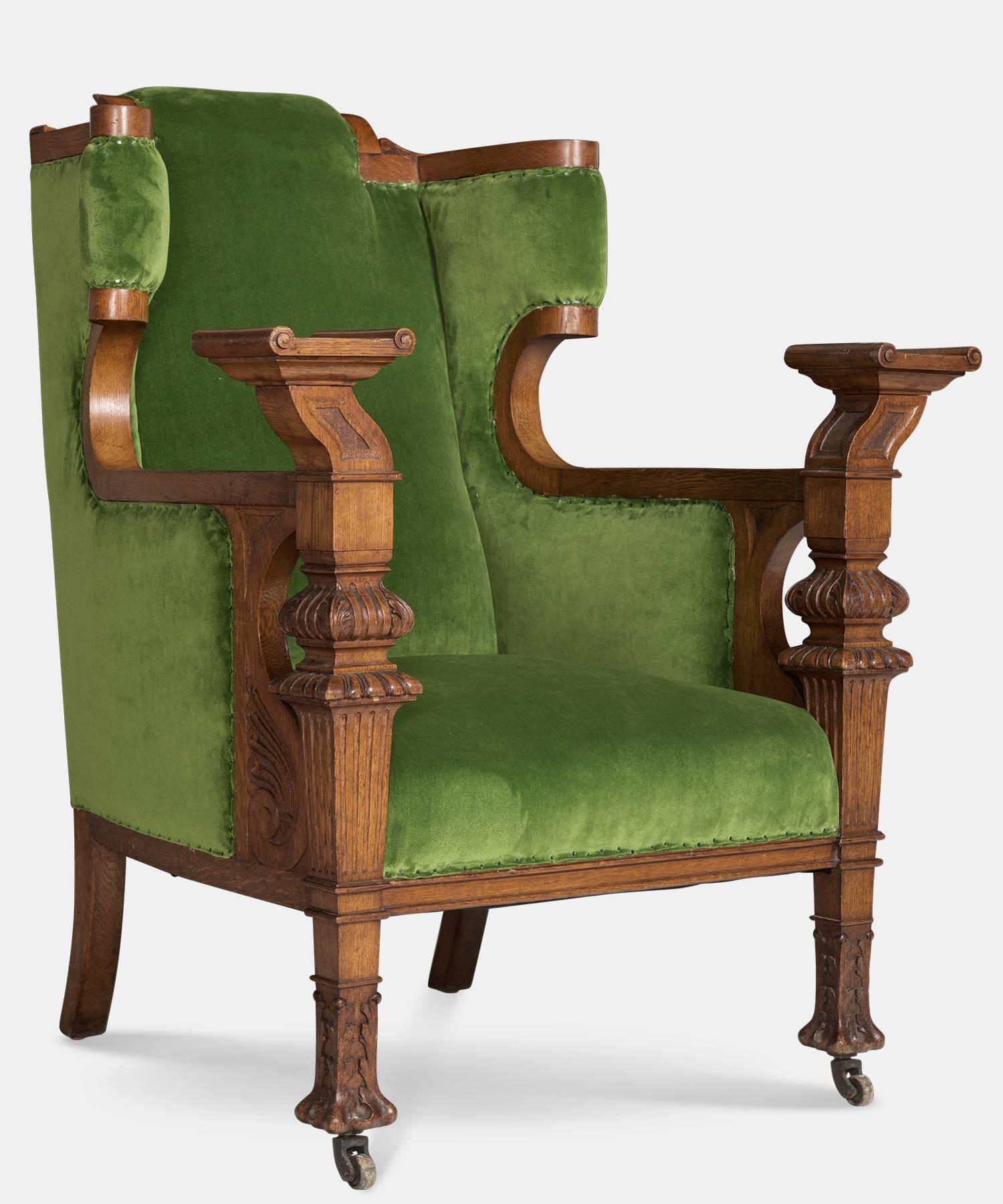 Victorian Green Velvet and Oak Armchair, circa 1860