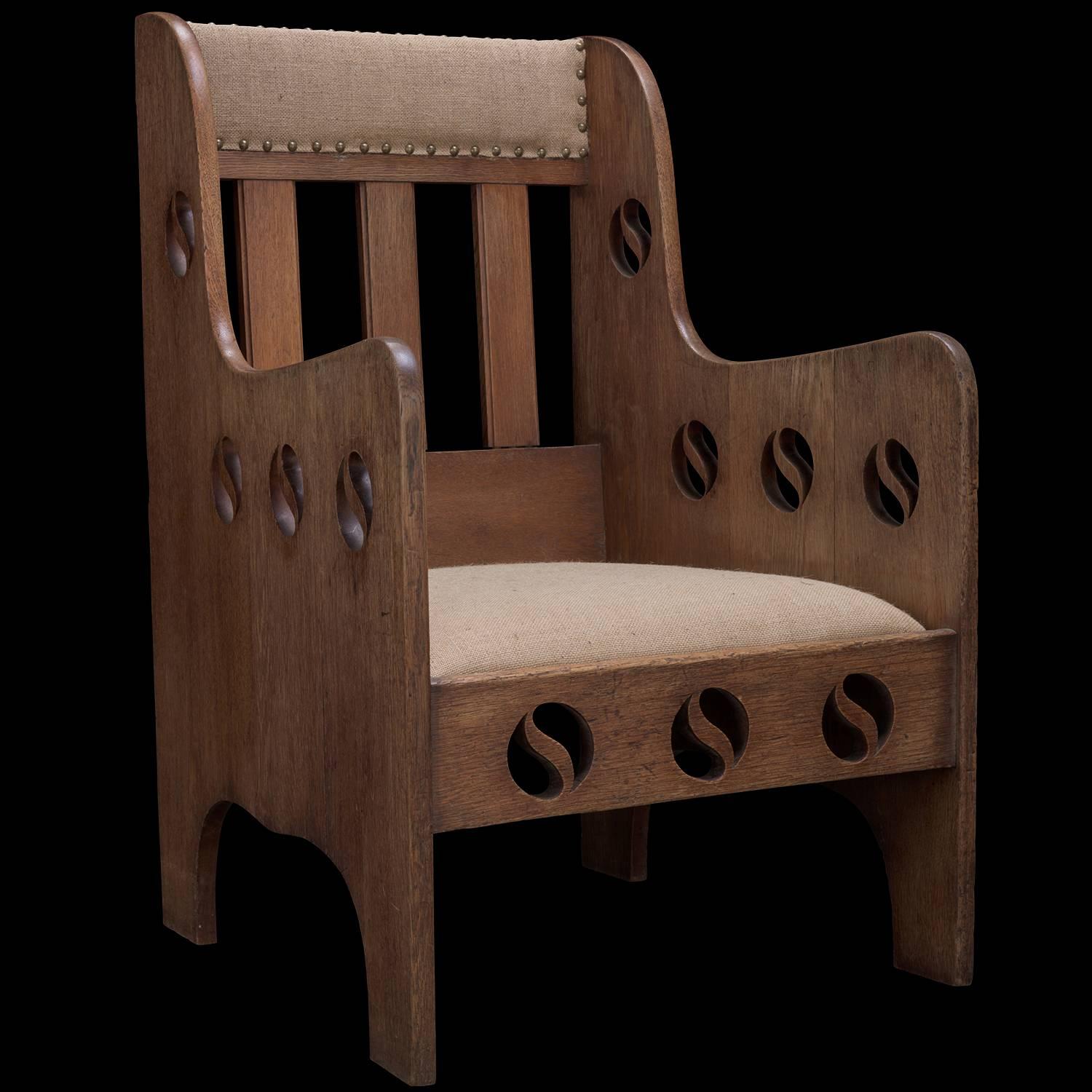 Arts and Crafts Arts & Crafts Oak and Linen Armchairs, circa 1910