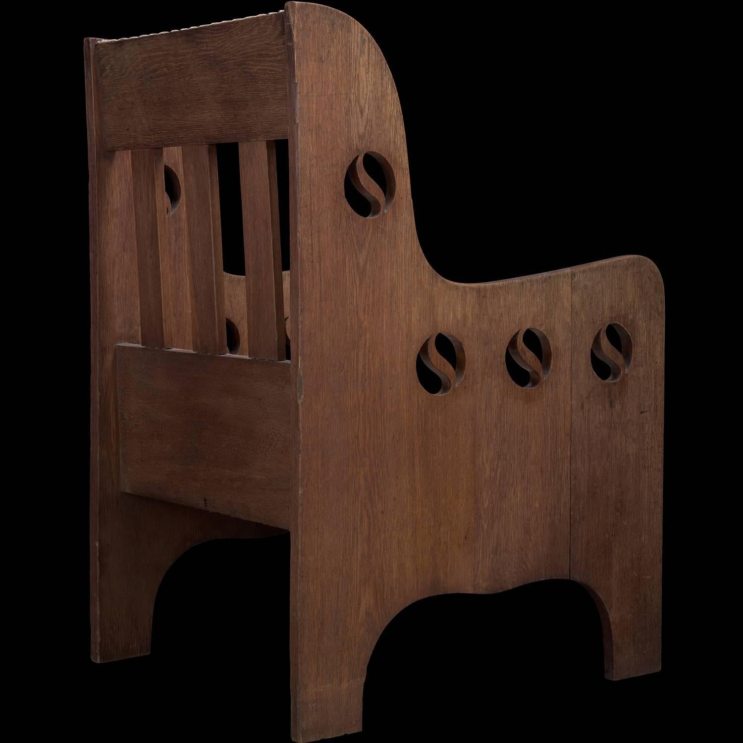 Carved Arts & Crafts Oak and Linen Armchairs, circa 1910