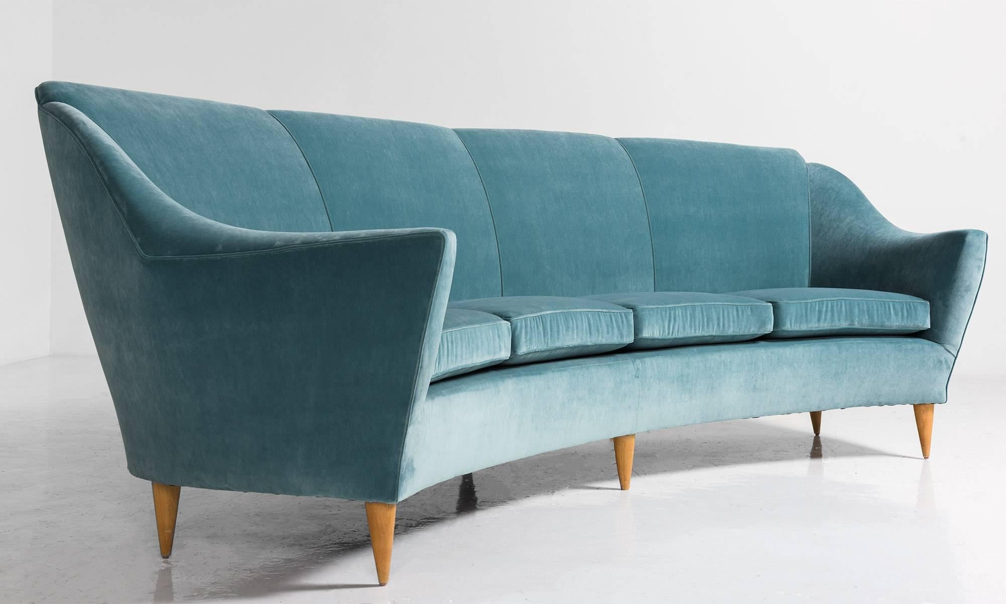 French Velvet and Wood Curved Modern Sofa, circa 1960