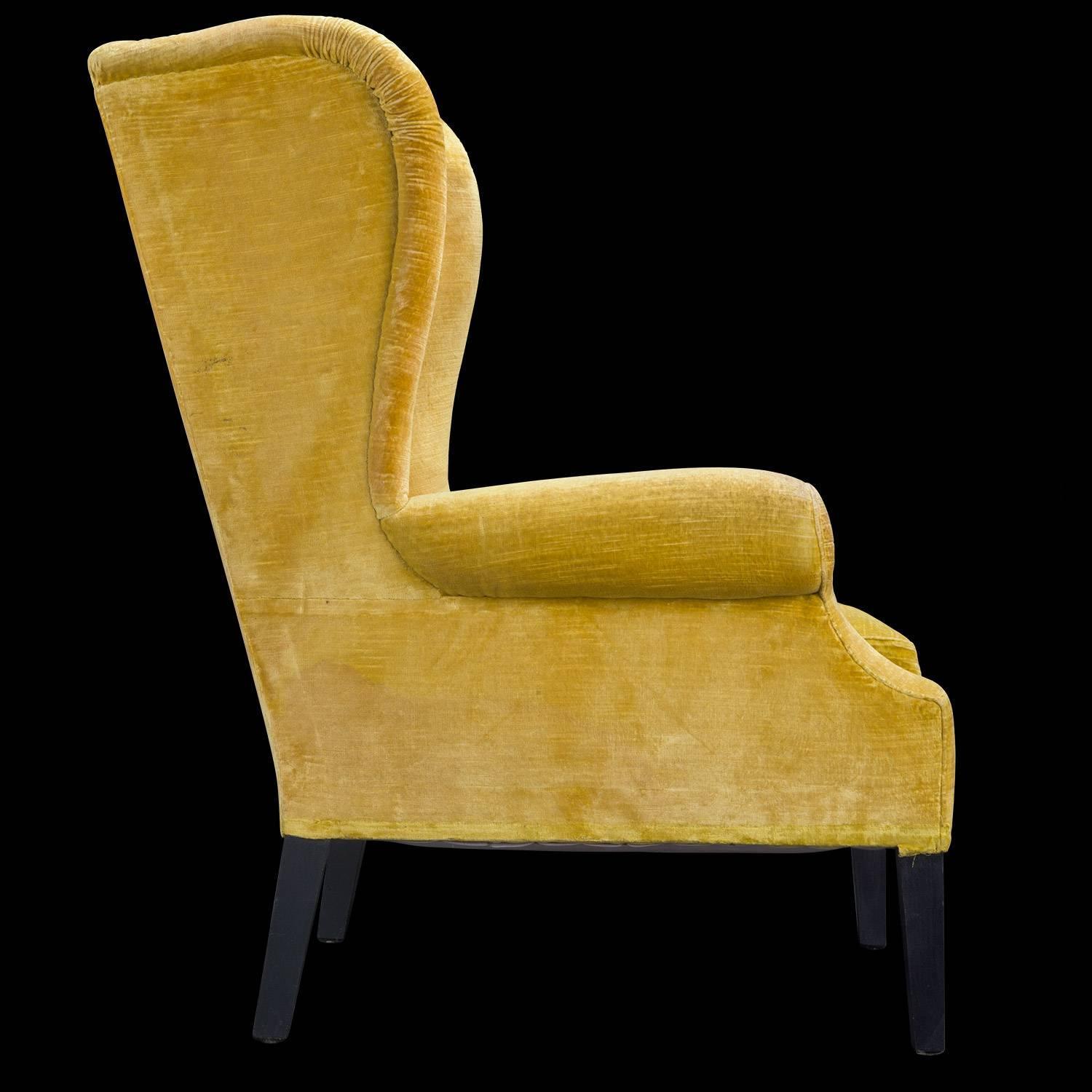 Pair of Yellow Velvet Wingback Armchairs, circa 1950 For Sale at 1stdibs