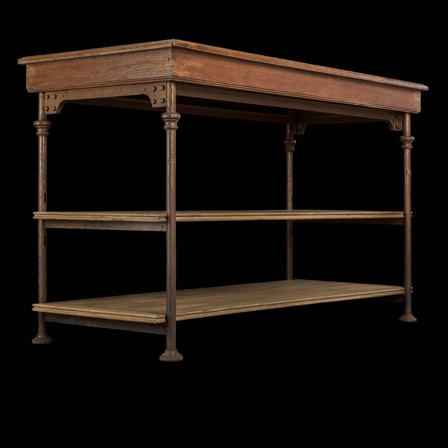Theodore Scherf Oak and Iron Drapers Tables, circa 1890.

Iron structure with oak surfaces. Original color and patina. Three adjustable height position for the intermediate tray. Manufactured by TH SCHERF 49 rue Lauriston - Paris.

