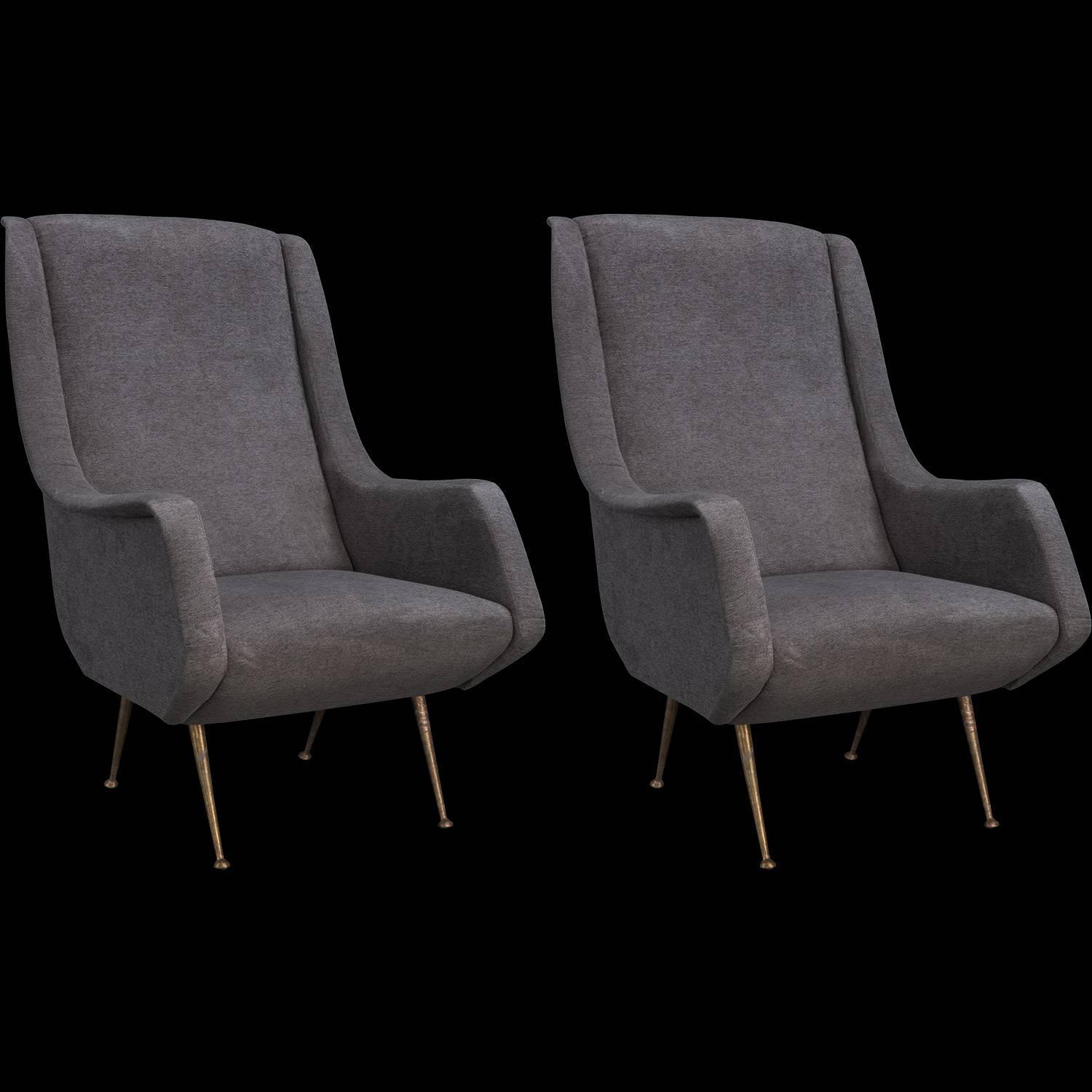 Grey Velvet and Brass Modern Armchairs, circa 1960 For Sale at 1stdibs