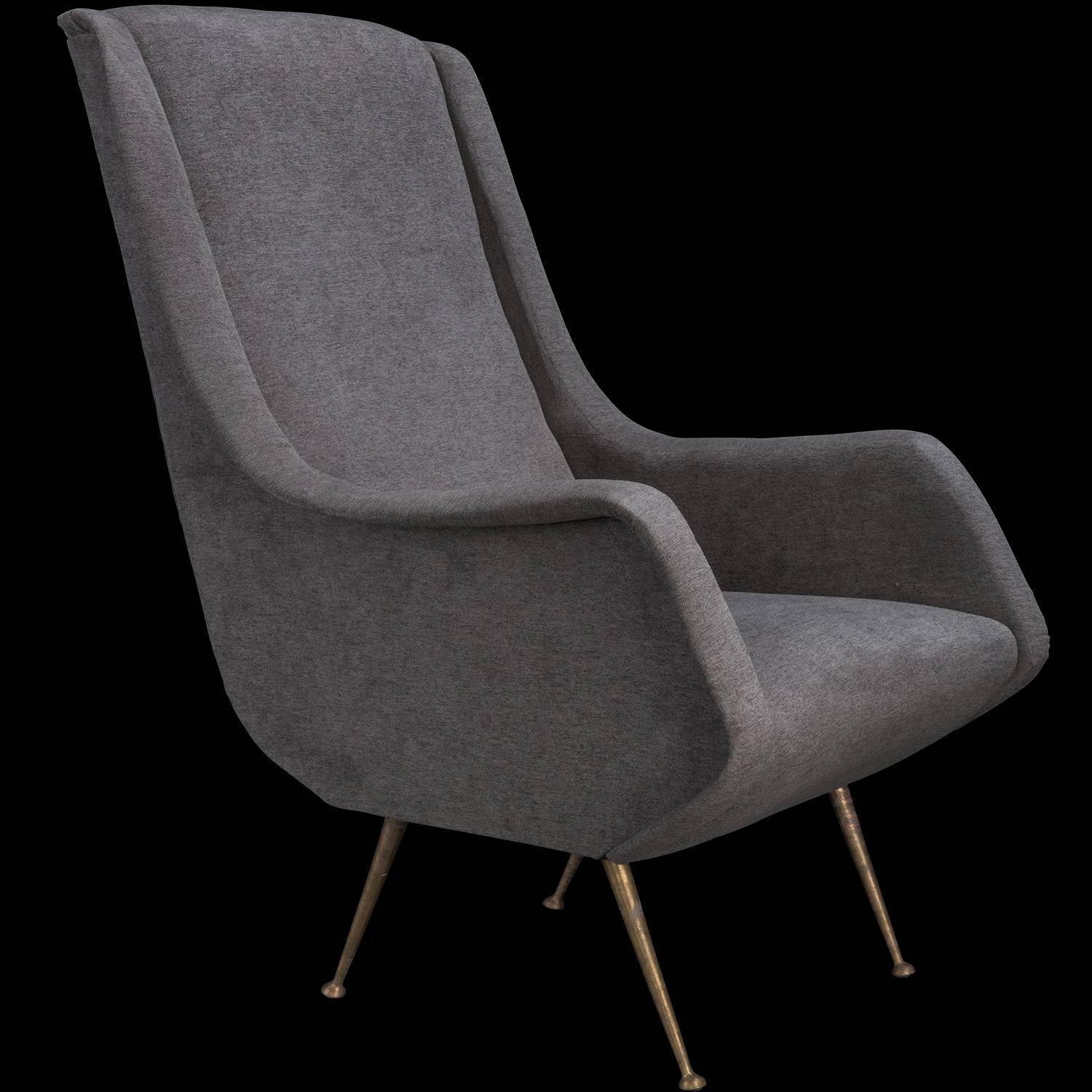 Grey Velvet and Brass Modern Armchairs, circa 1960 For Sale at 1stdibs