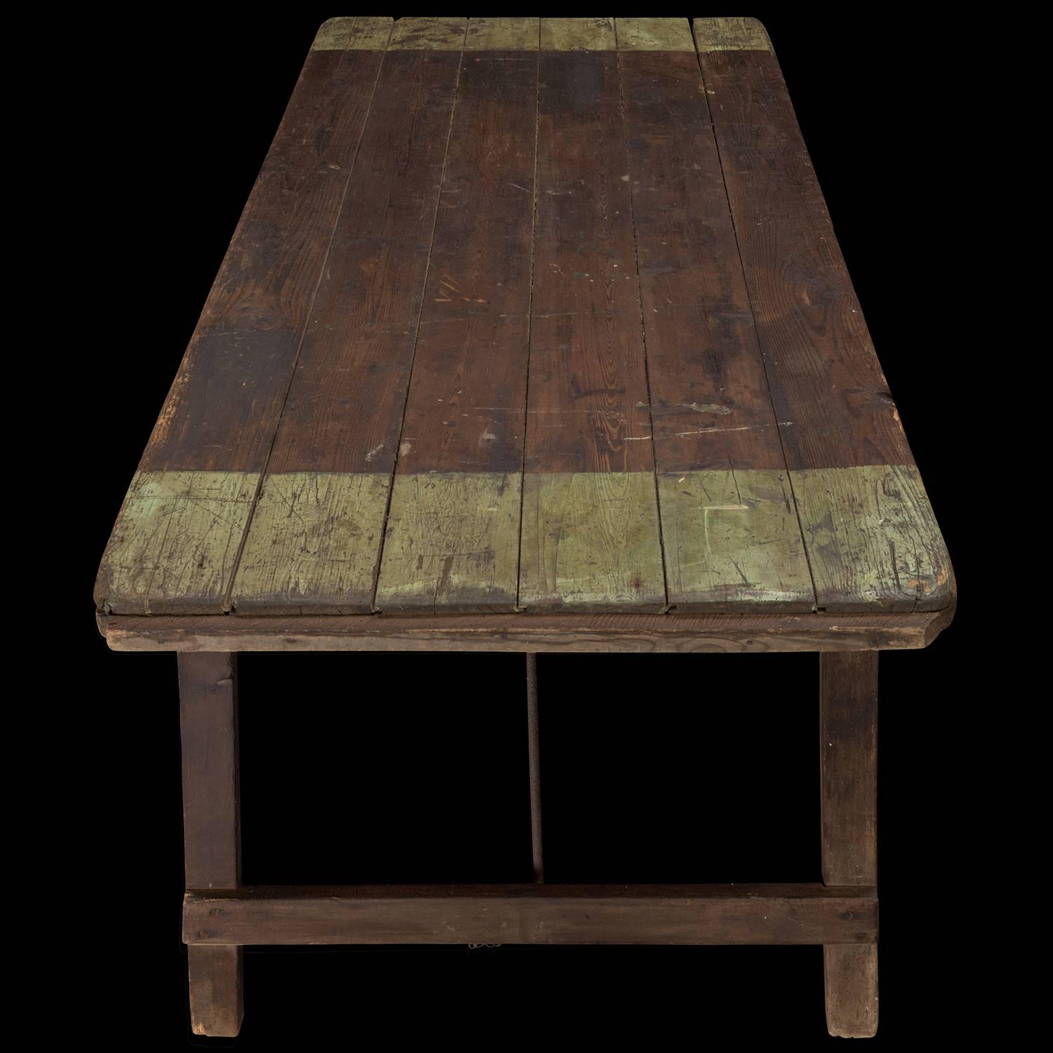 English Painted Pine and Iron Trestle Table, circa 1870