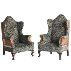 Antique Victorian Velvet and Wood Wingchairs, circa 1890