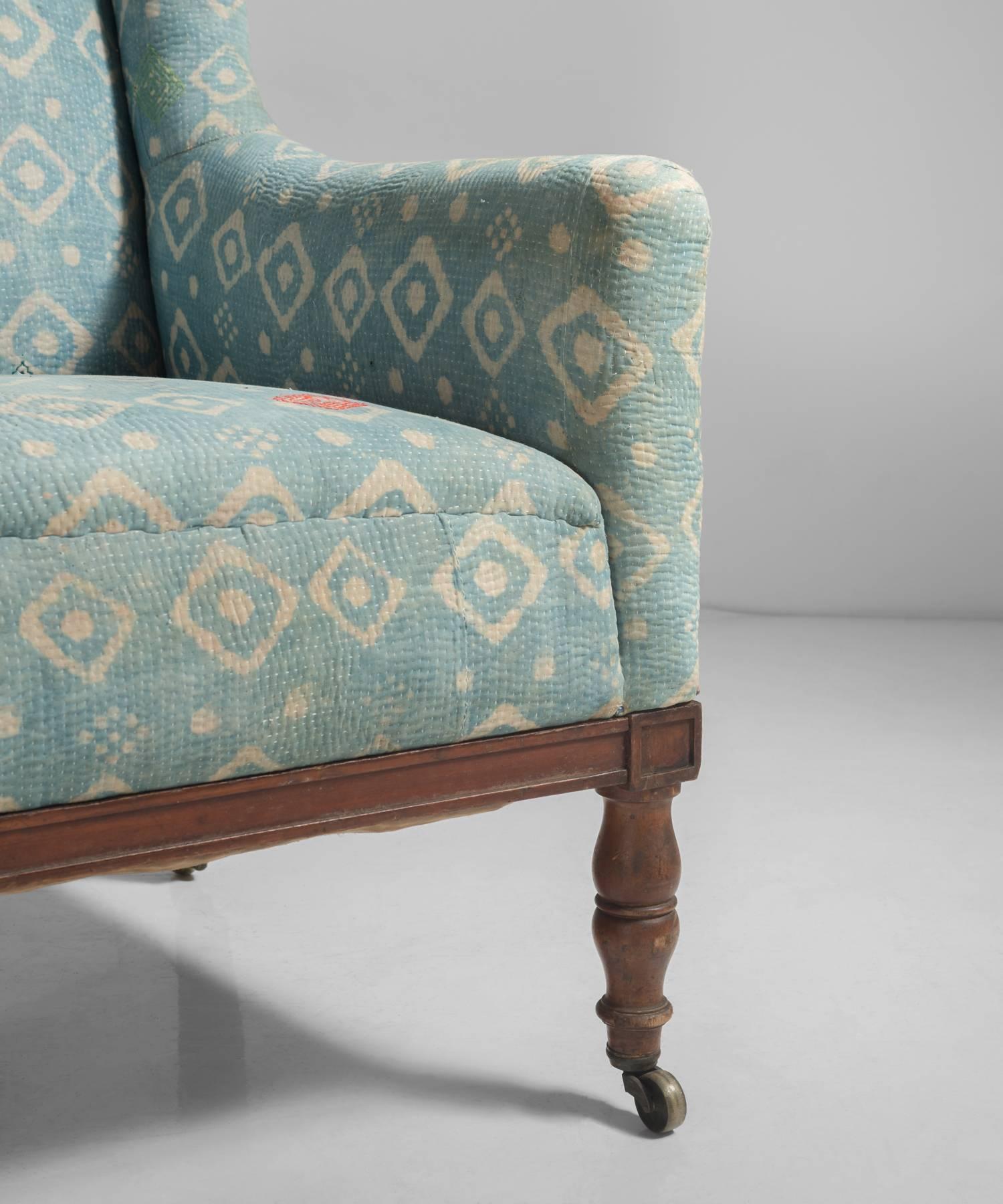 Upholstery Indian Quilt Walnut Wingchair, England, circa 1880