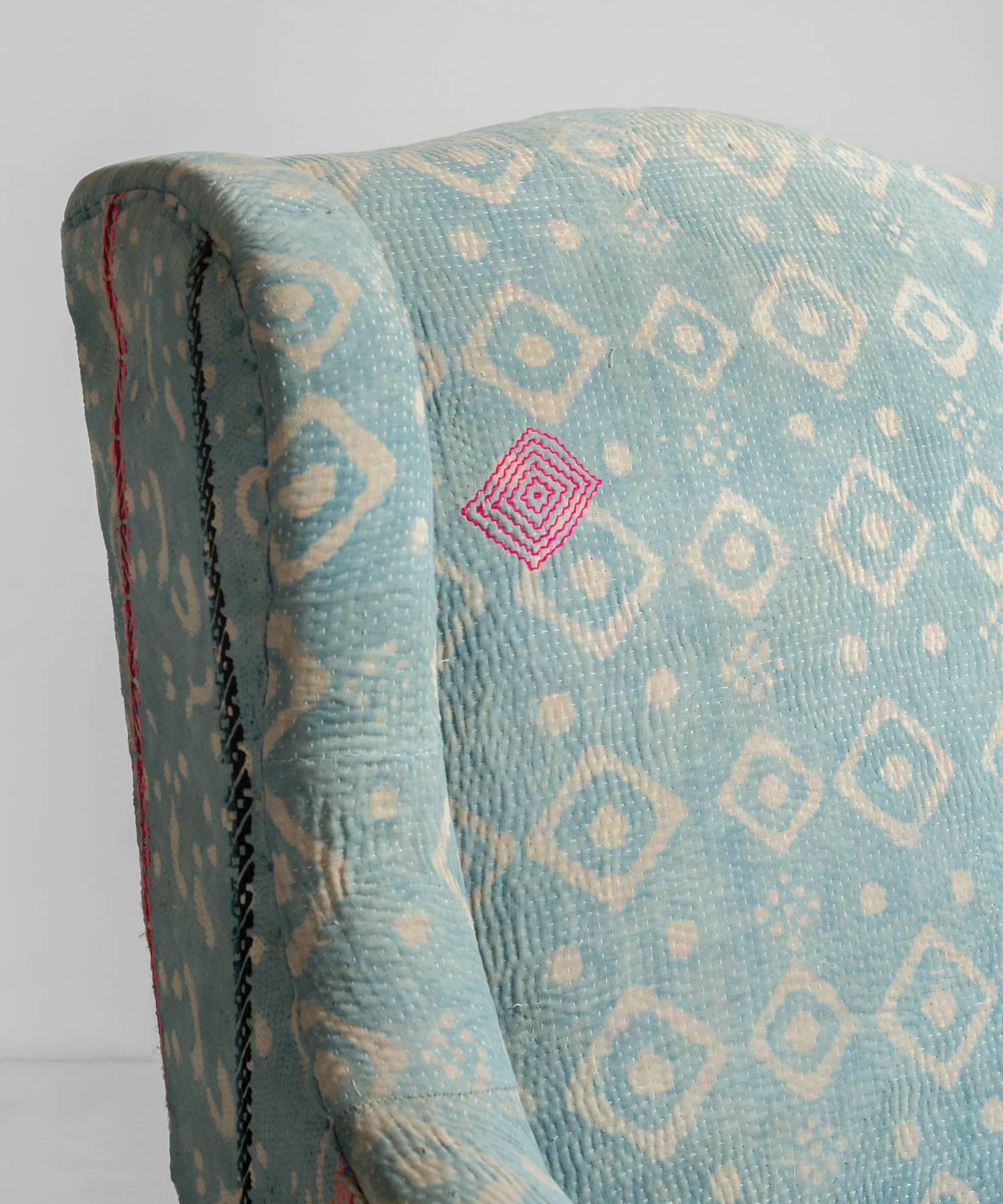 Late 19th Century Indian Quilt Walnut Wingchair, England, circa 1880