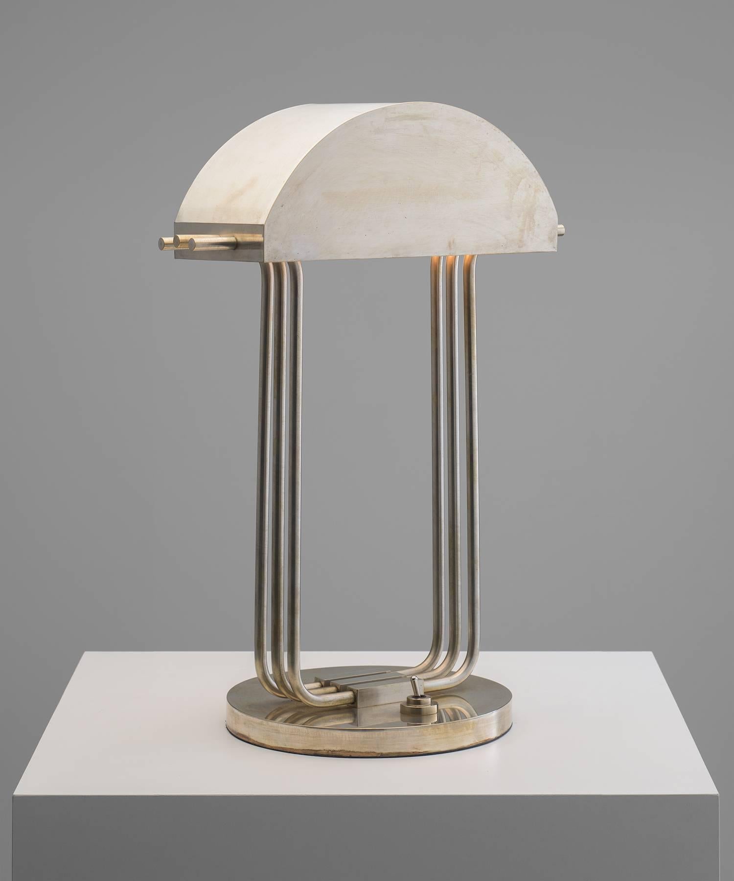 Marcel Breuer brass desk lamp, circa 1925.

Created for the International Exposition of Modern Industrial and Decorative Arts, in Paris. This model features brass plated nickel and is stamped “Exposition Paris 1925”.