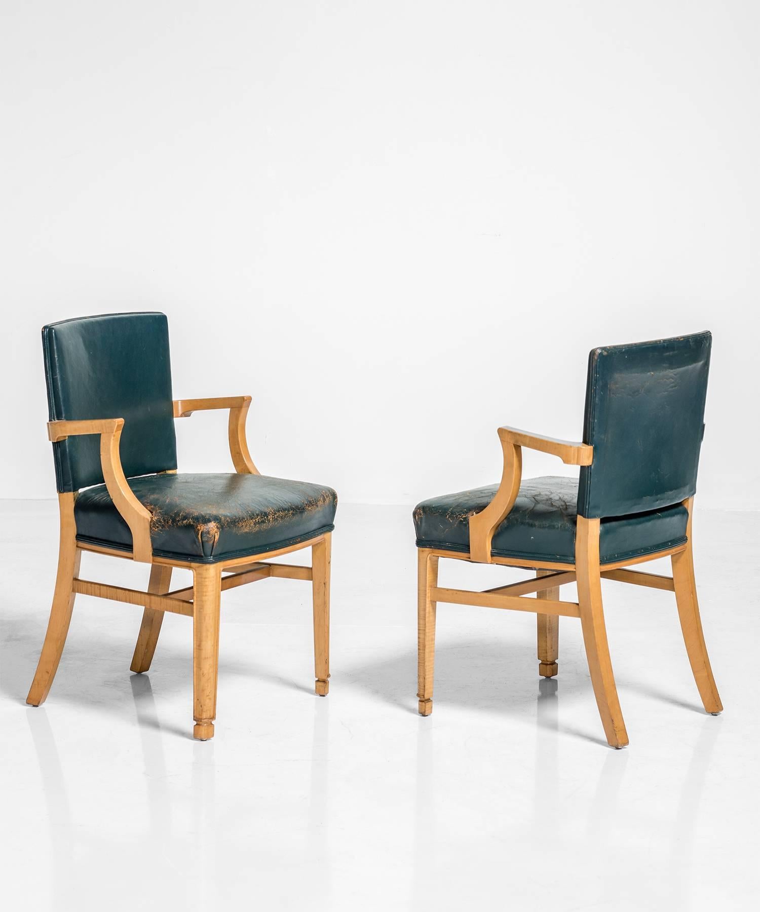 Modern Set of Six Leather and Maple Wood Dining Chairs, circa 1940