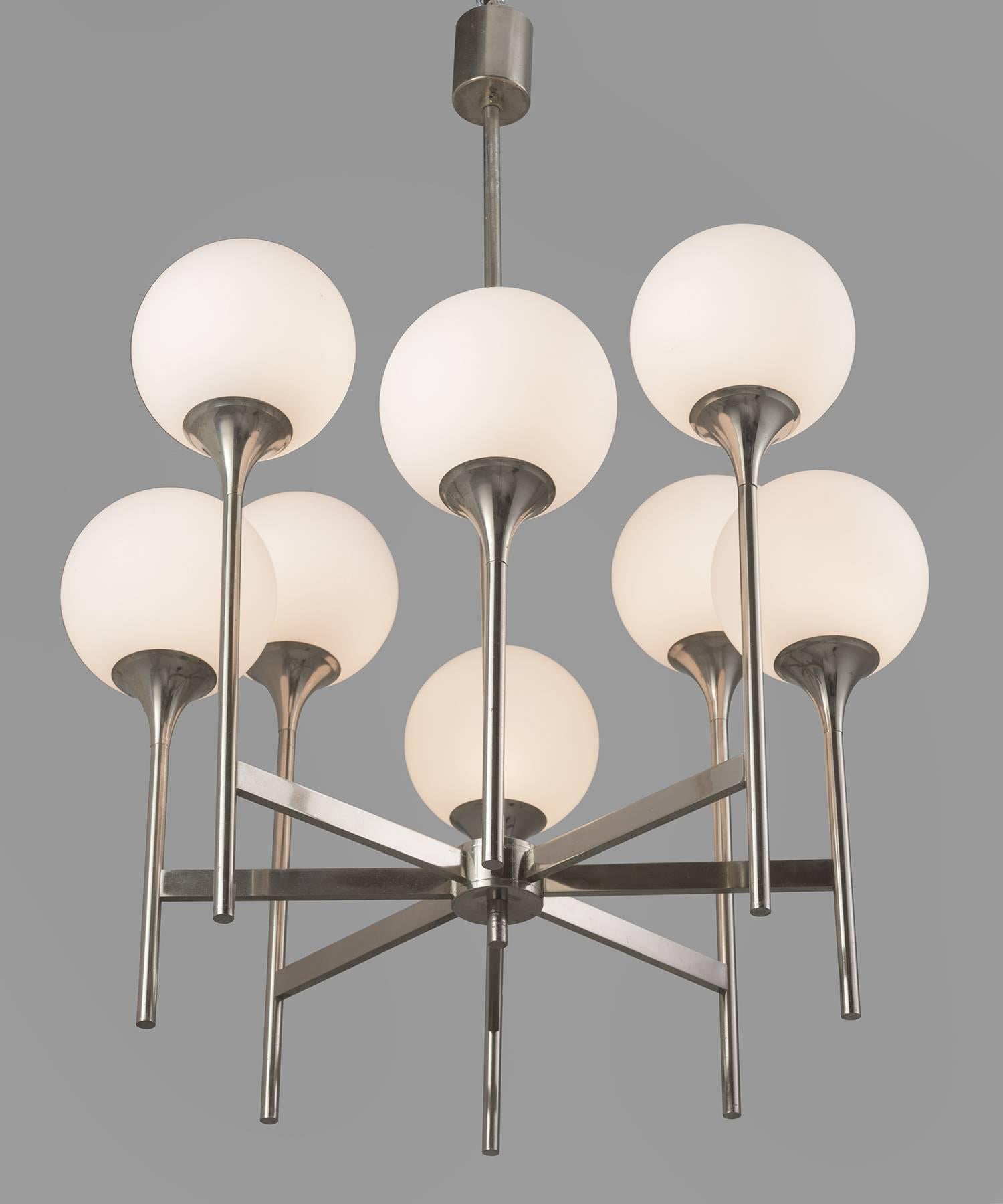 Modern Chrome and Frosted Glass Chandelier, circa 1970