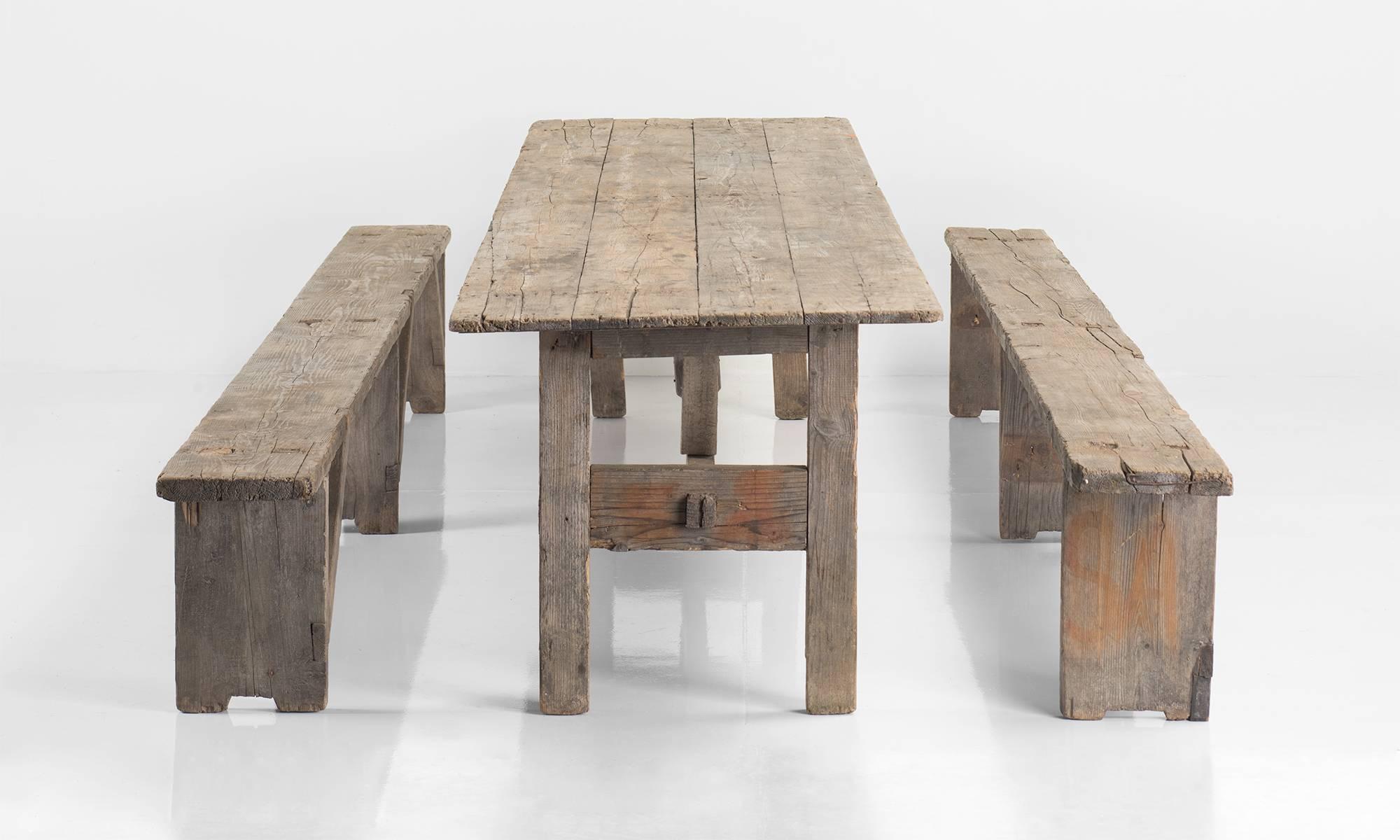 Italian Massive Pine Dining Table with Benches, circa 1900