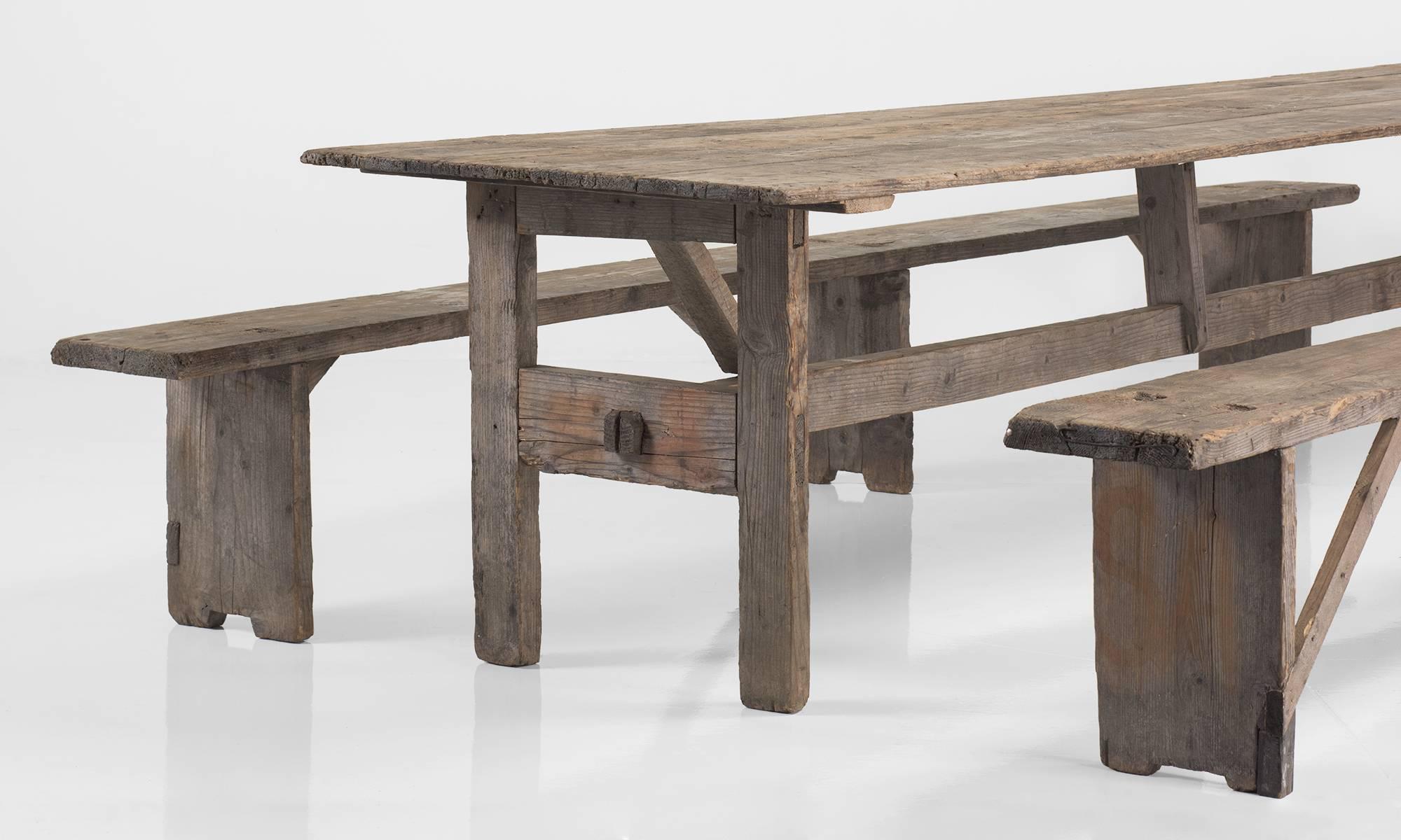 Primitive Massive Pine Dining Table with Benches, circa 1900