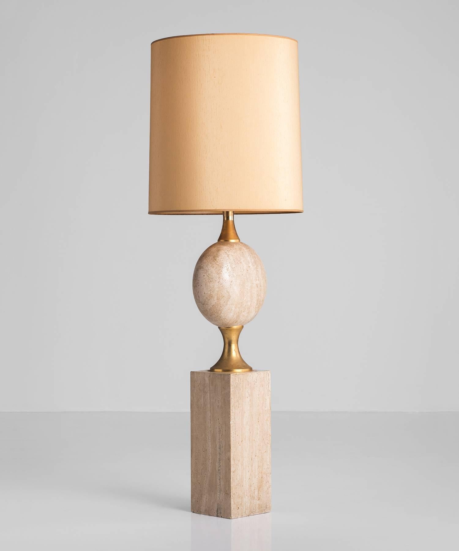 Travertine marble floor lamp by Phillipe Barbier, circa 1970.

Travertine base and lamp with chrome accents and original shade.