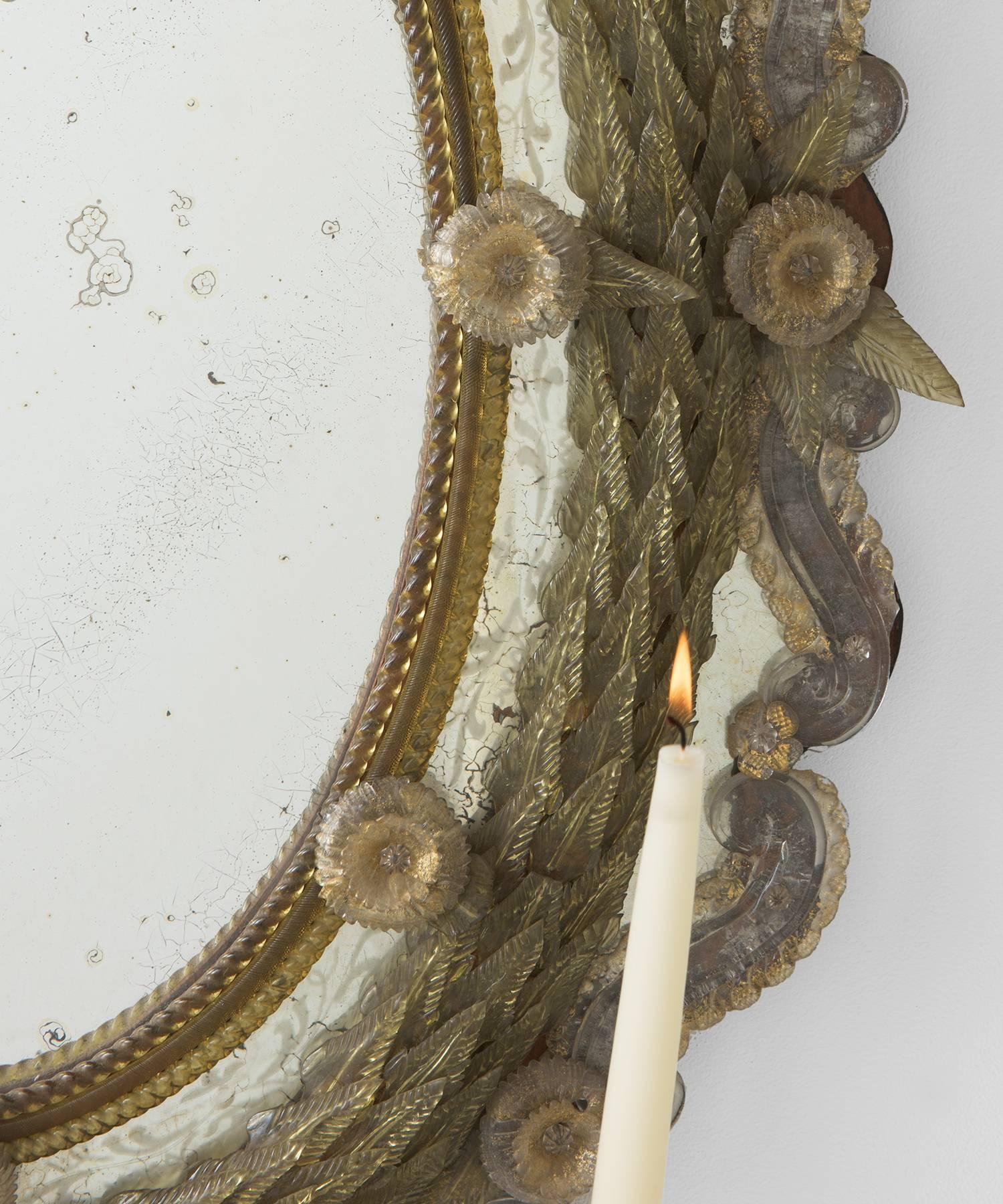 Ornate Venetian Murano Glass Mirror, circa 1810 In Distressed Condition In Culver City, CA