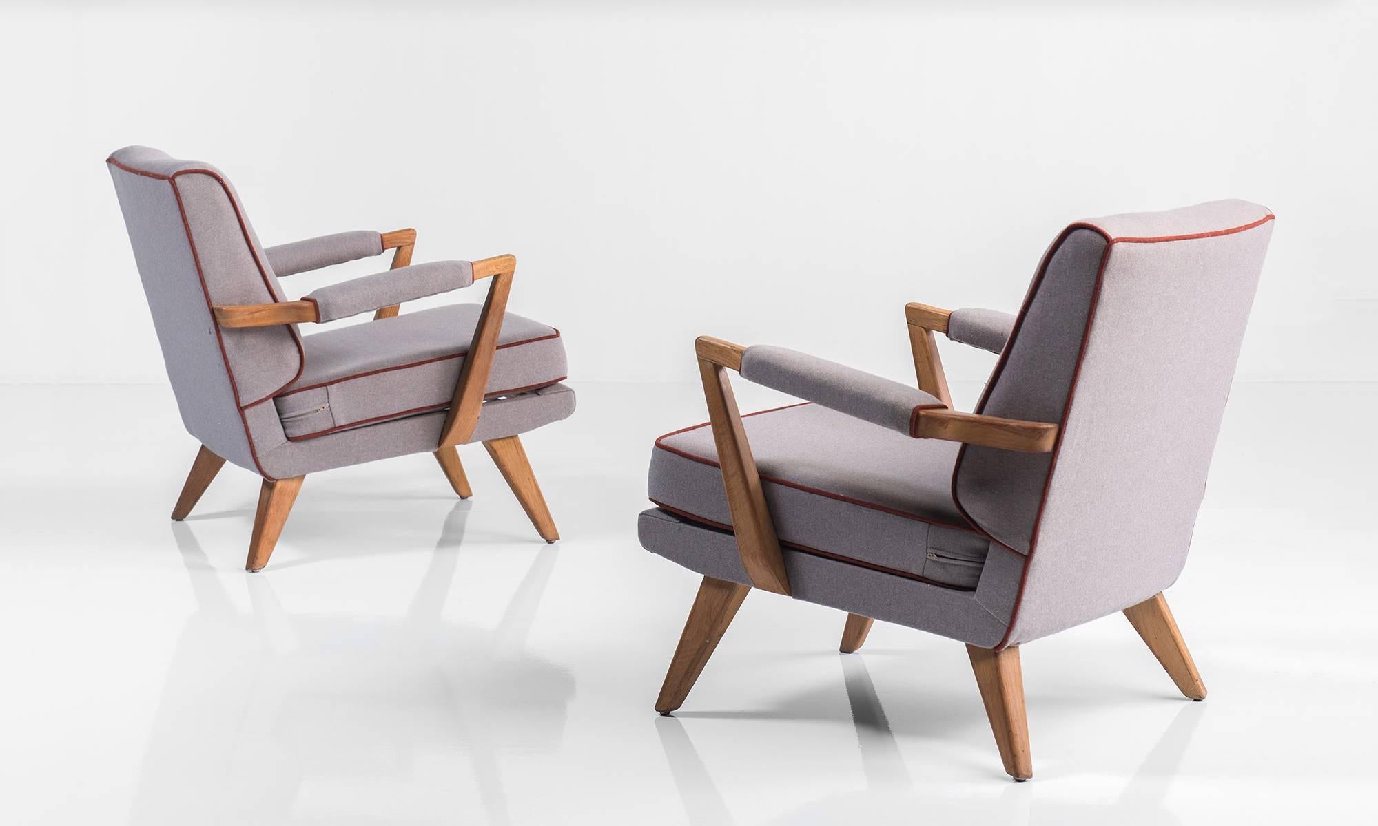 English Upholstered Modern Oak Armchairs, circa 1950