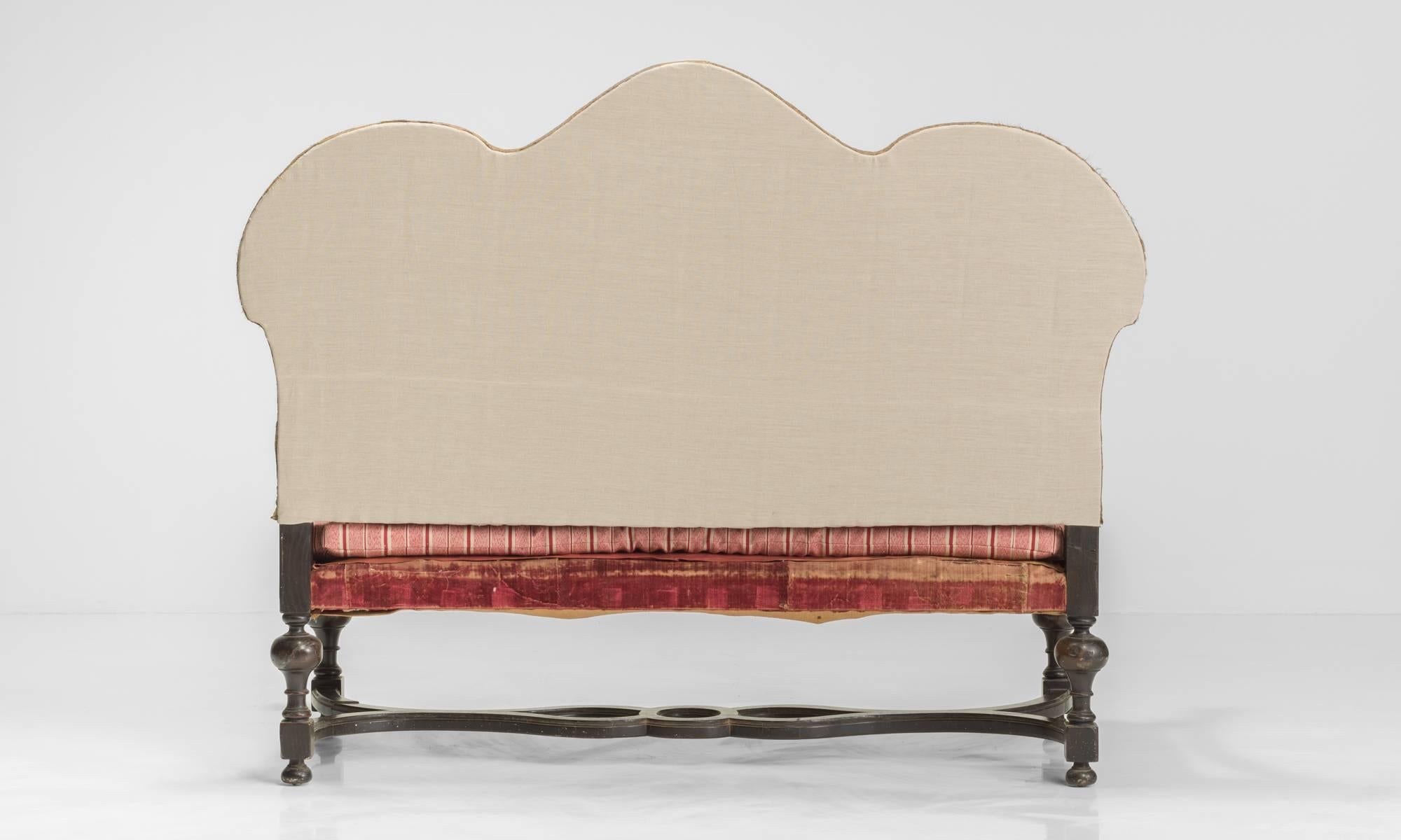 Embroidered Velvet and Oak Queen Anne Camel Back Sofa, circa 1700 In Good Condition In Culver City, CA