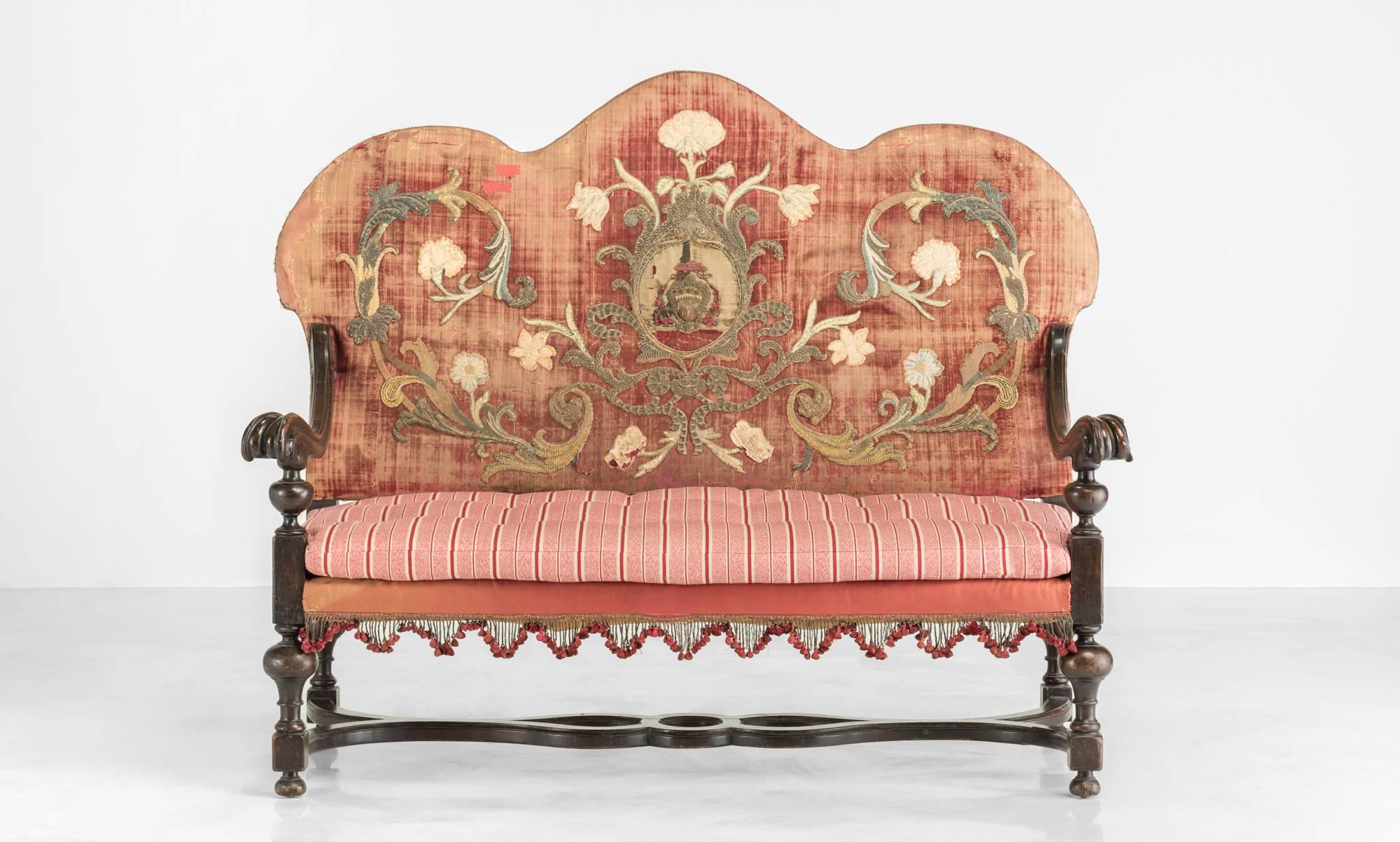 English Embroidered Velvet and Oak Queen Anne Camel Back Sofa, circa 1700