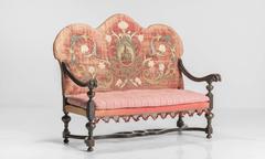 Embroidered Velvet and Oak Queen Anne Camel Back Sofa, circa 1700