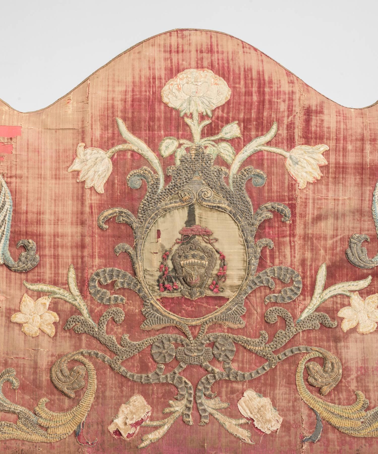 Wool Embroidered Velvet and Oak Queen Anne Camel Back Sofa, circa 1700