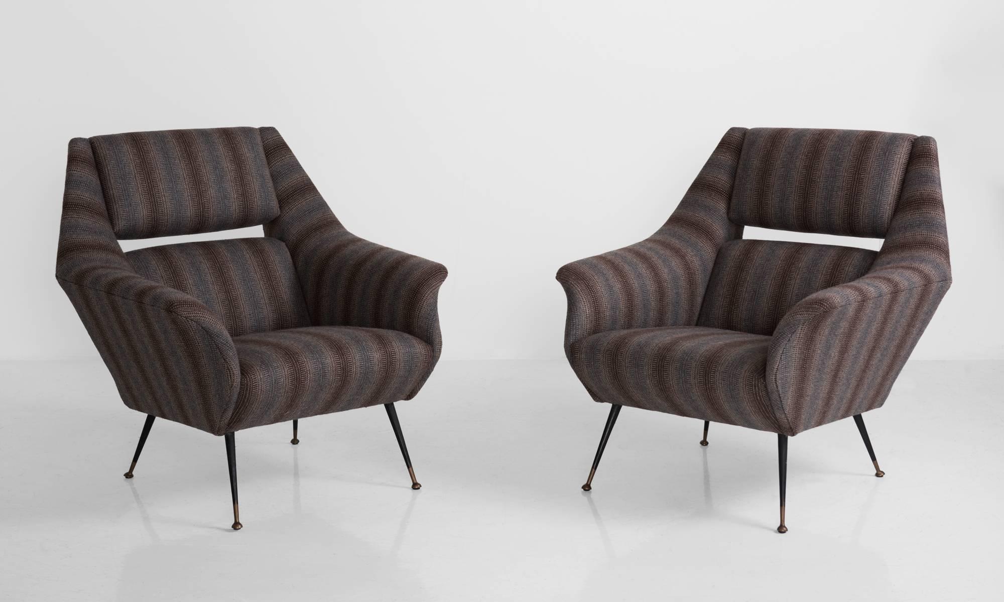 Italian open back armchairs, newly reupholstered in striped wool Maharam fabric.

Made in Italy, circa 1960.