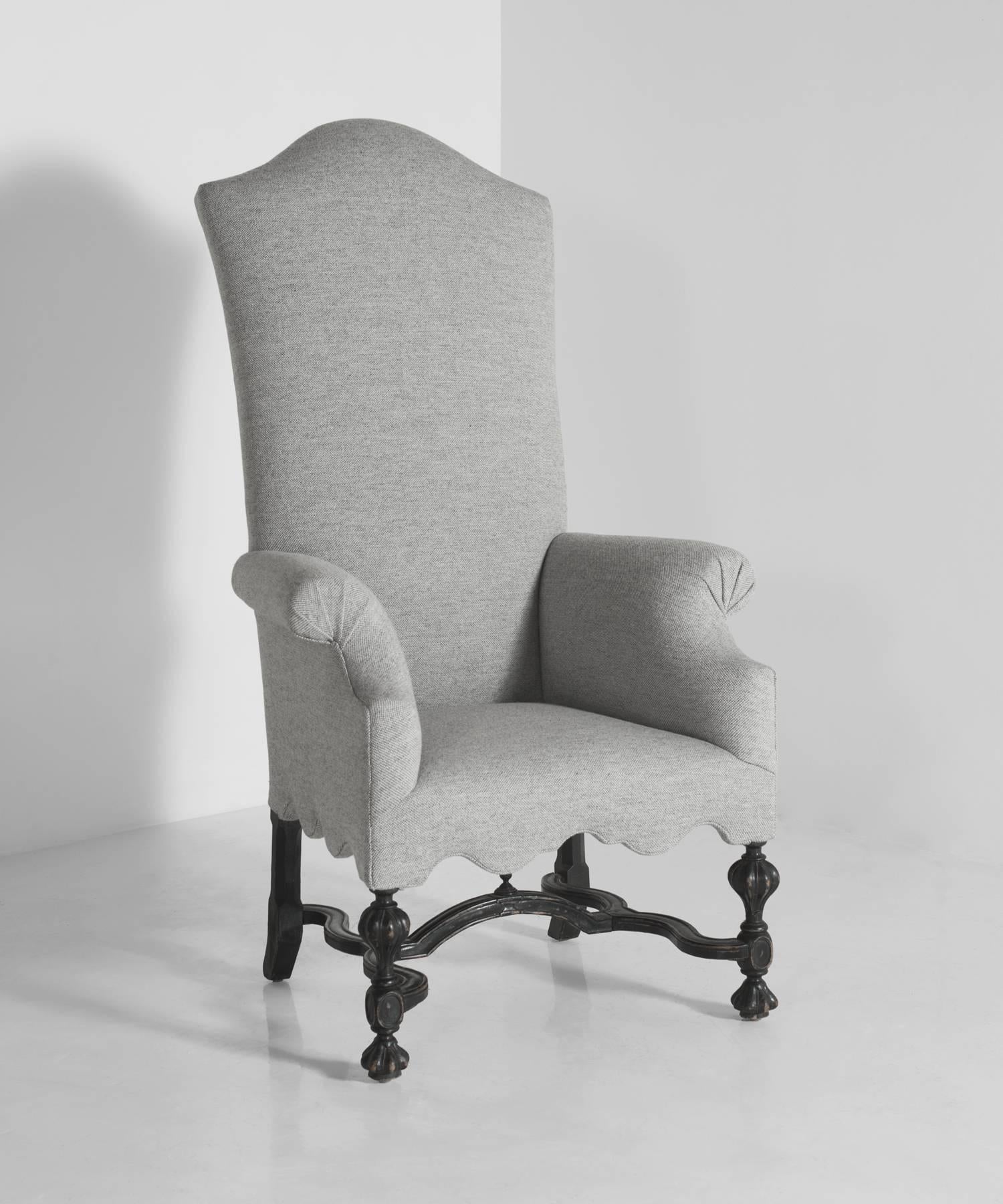 William & Mary Tall Armchair, England, circa 1800.

Newly reupholstered in Wool Maharam Fabric, on elegant carved wooden base.