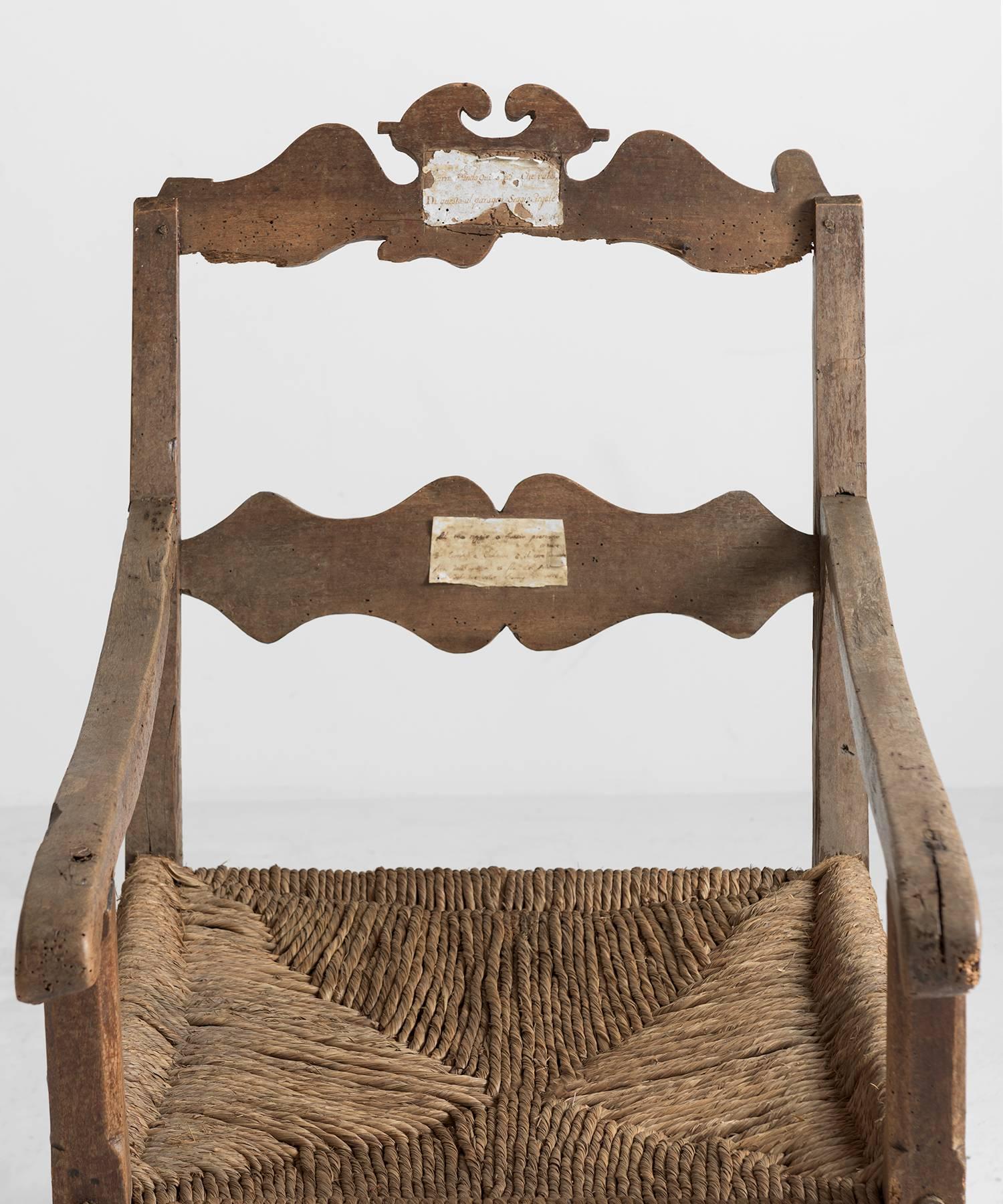 Primitive Oversized Oak and Rush Seat Farm Chair, Italy, circa 1720