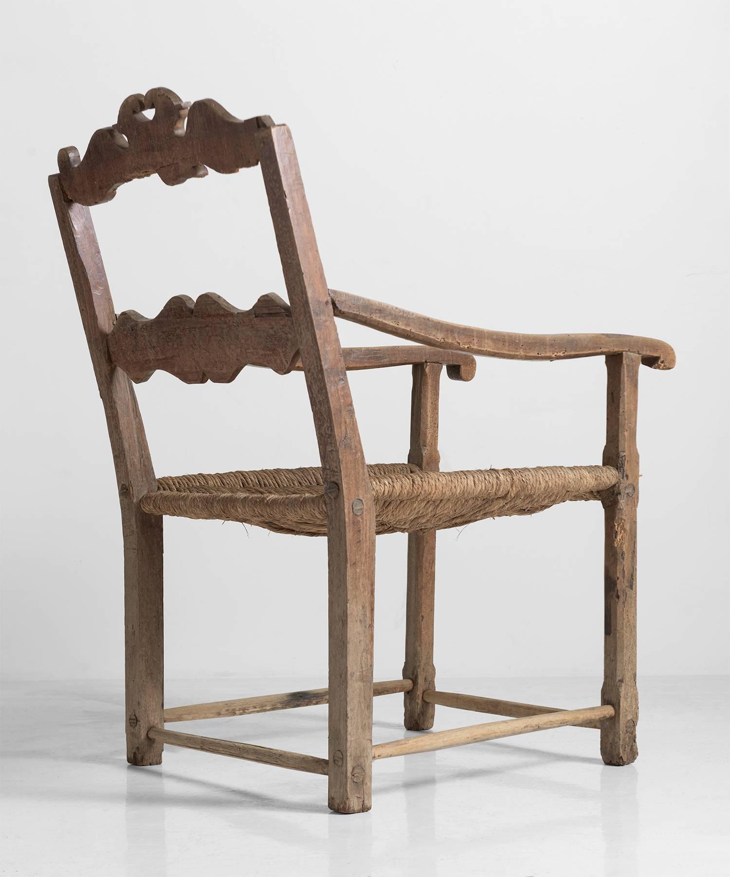 Hand-Crafted Oversized Oak and Rush Seat Farm Chair, Italy, circa 1720