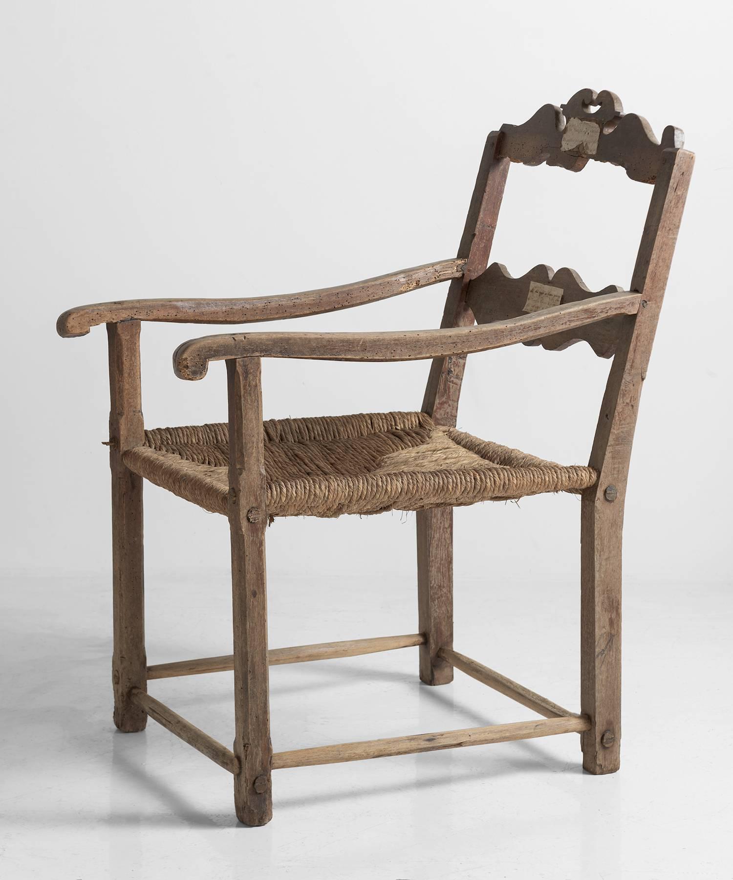Italian Oversized Oak and Rush Seat Farm Chair, Italy, circa 1720