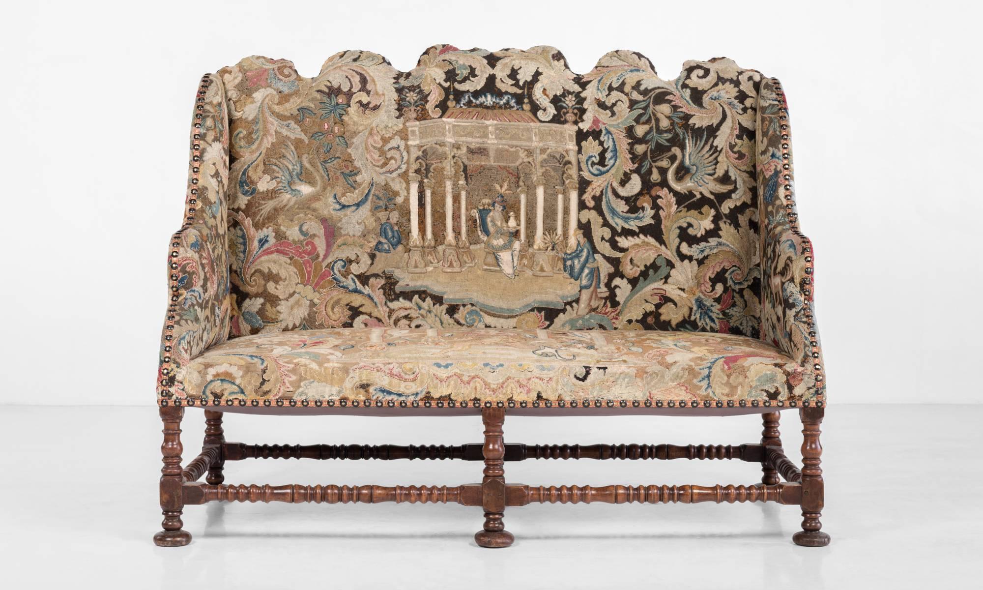 French Tapestry sofa, circa 1880.

Original tapestry upholstery, with handsome turned legs and stretchers.