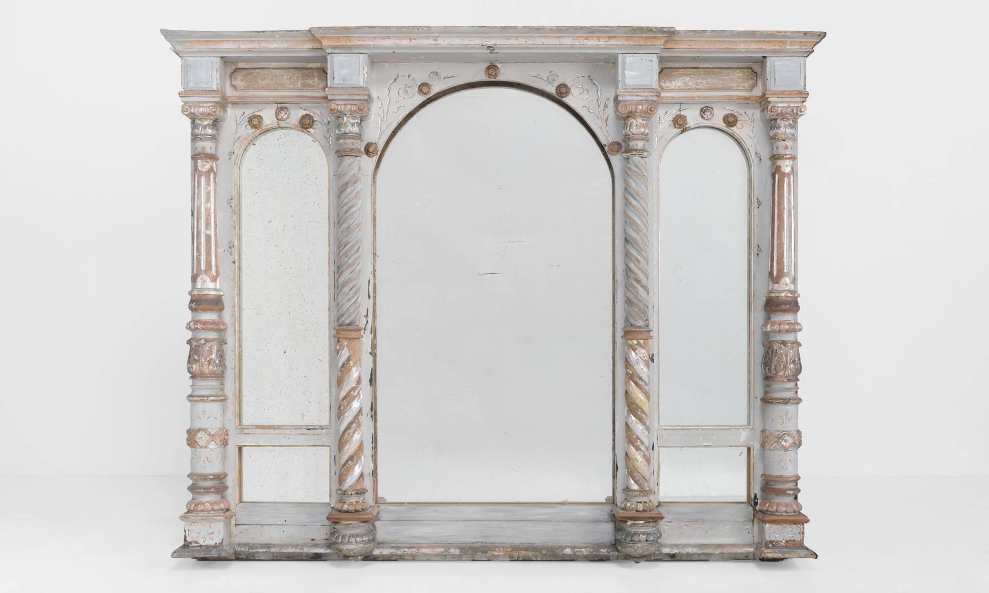 Rococo painted wood and original glass mirror, circa 1900.

Large wall / mantle mirror in painted wood frame with ornate detailing and amazing patina.
