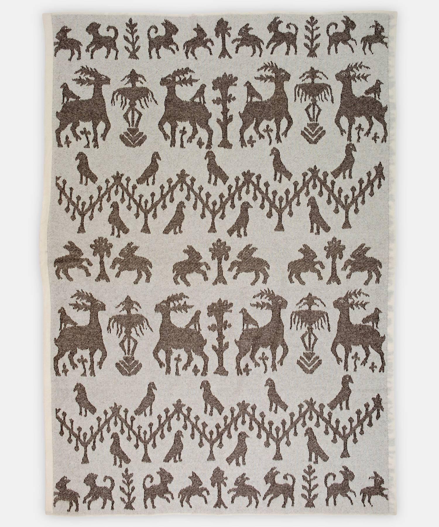 Folklore blanket by Saved, New York 

A playful folk art motif includes creatures of the woods in a jacquard knit. Available in King and Queen sizes, please inquire for pricing, availability, and lead time.

85% cashmere, 15% yak down

Measures: 51
