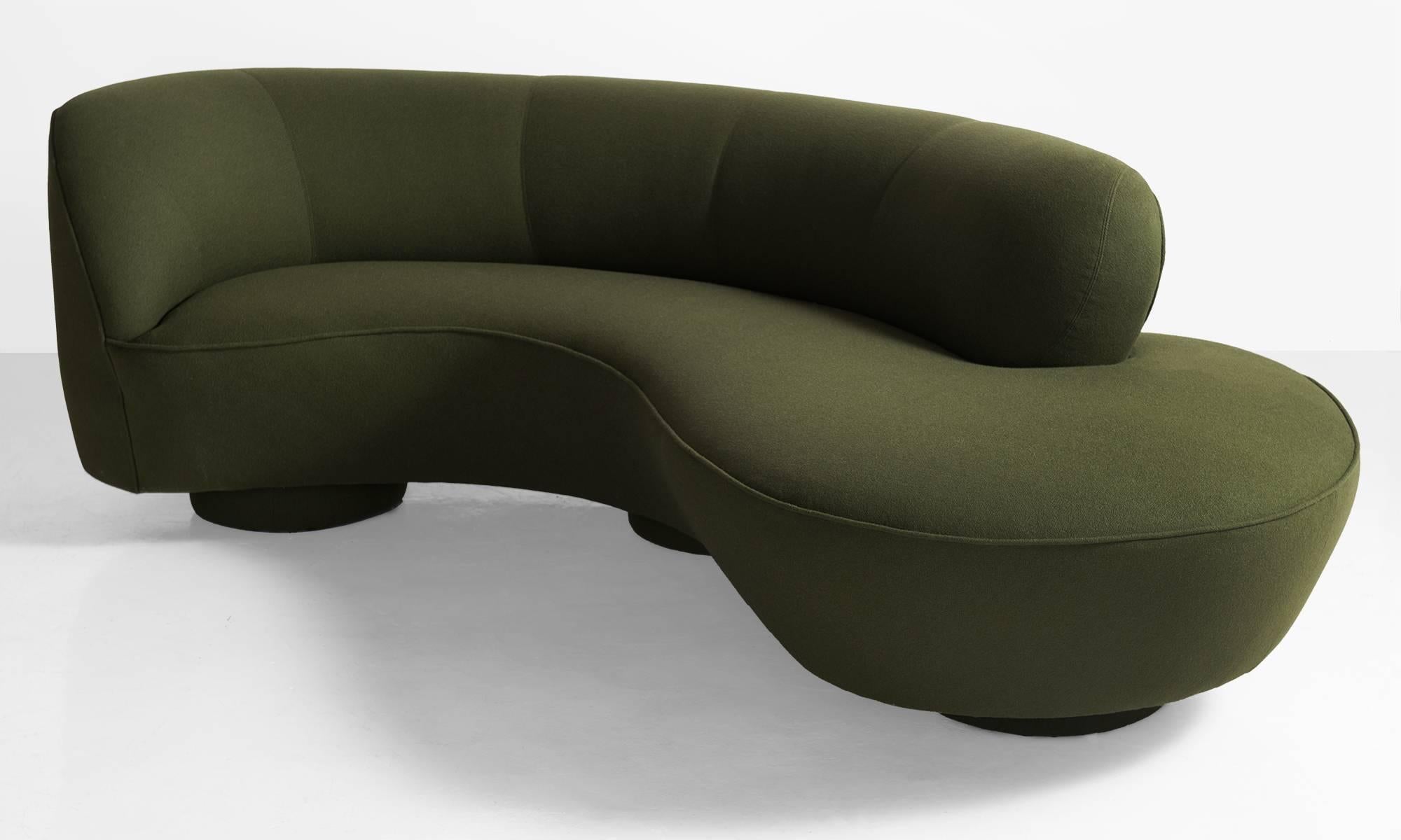 Vladimir Kagan sofa, America, circa 1970.

Designed for Directional. Newly upholstered in Maharam wool fabric.


