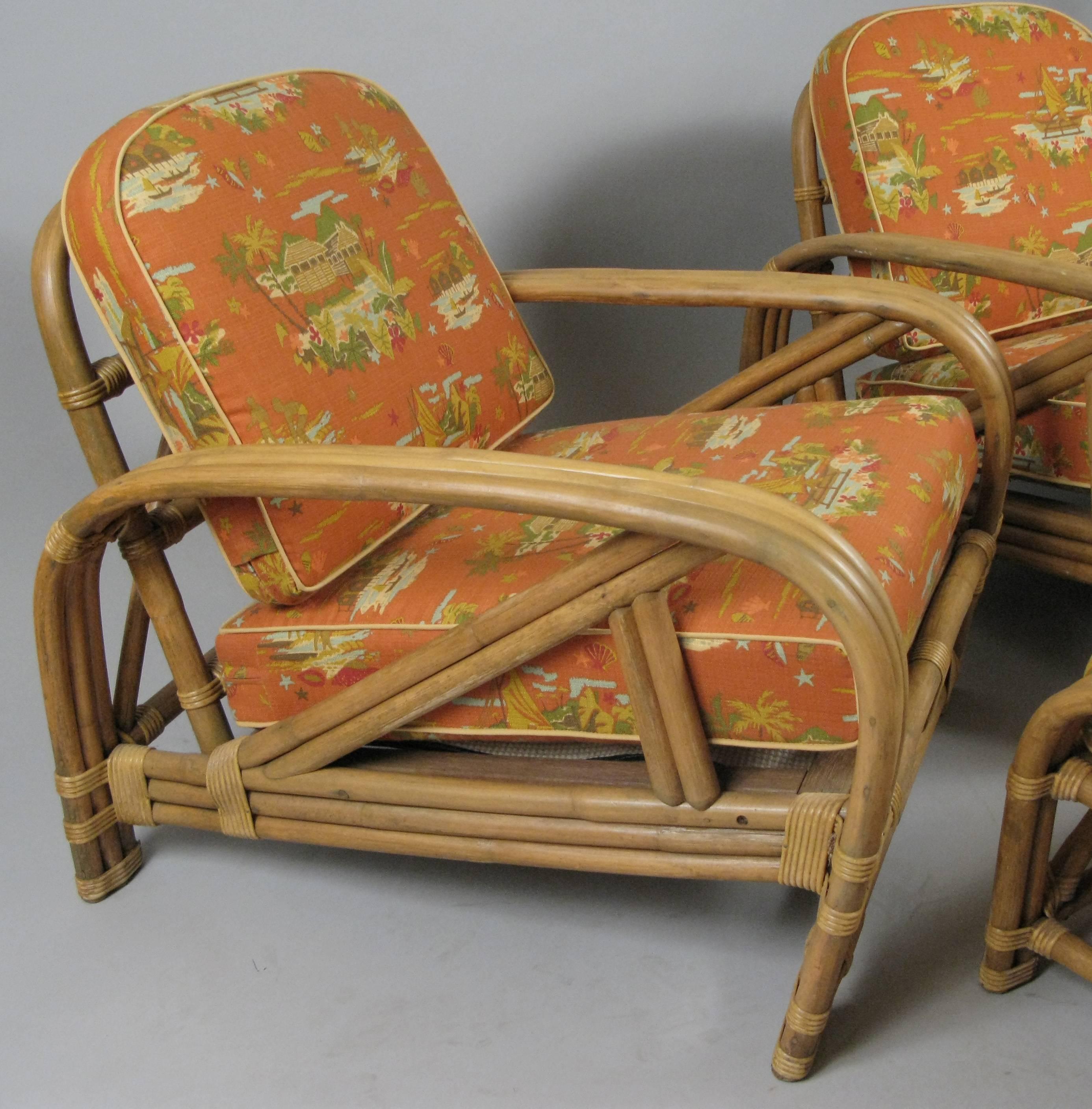 Mid-Century Modern Pair of Vintage Rattan Lounge Chairs and Ottoman by Ritts Company