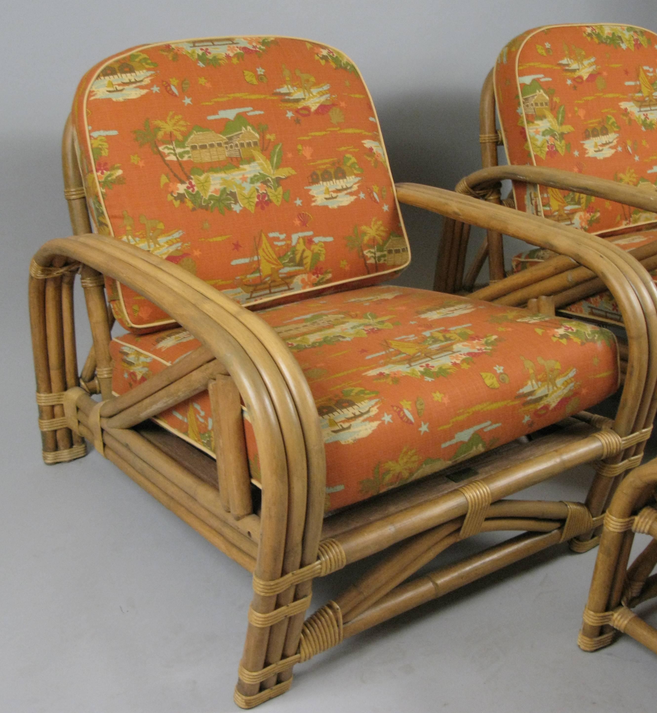 American Pair of Vintage Rattan Lounge Chairs and Ottoman by Ritts Company