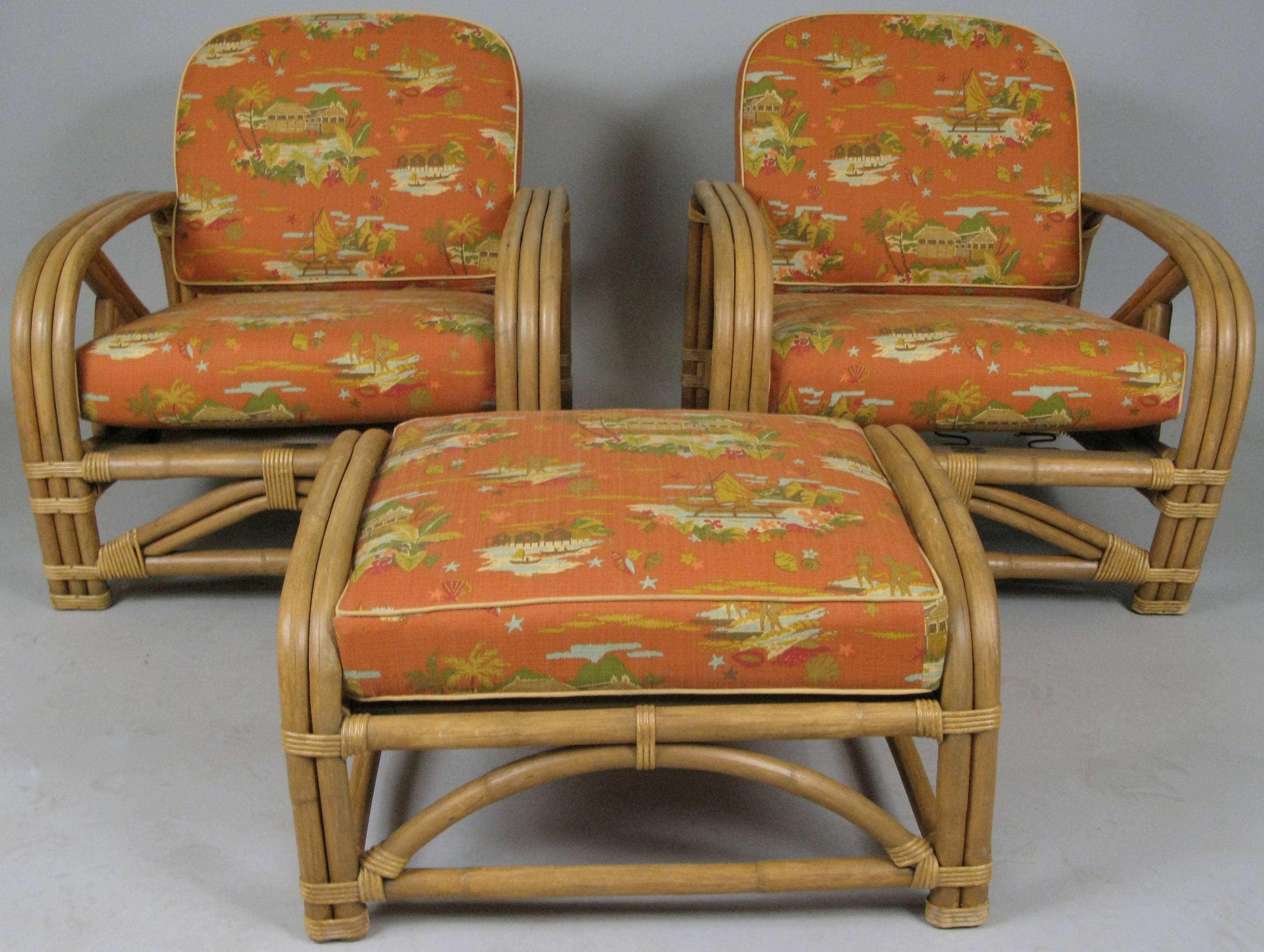 Pair of Vintage Rattan Lounge Chairs and Ottoman by Ritts Company In Good Condition In Hudson, NY