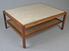 Vintage 1950s Walnut and Travertine Coffee Table
