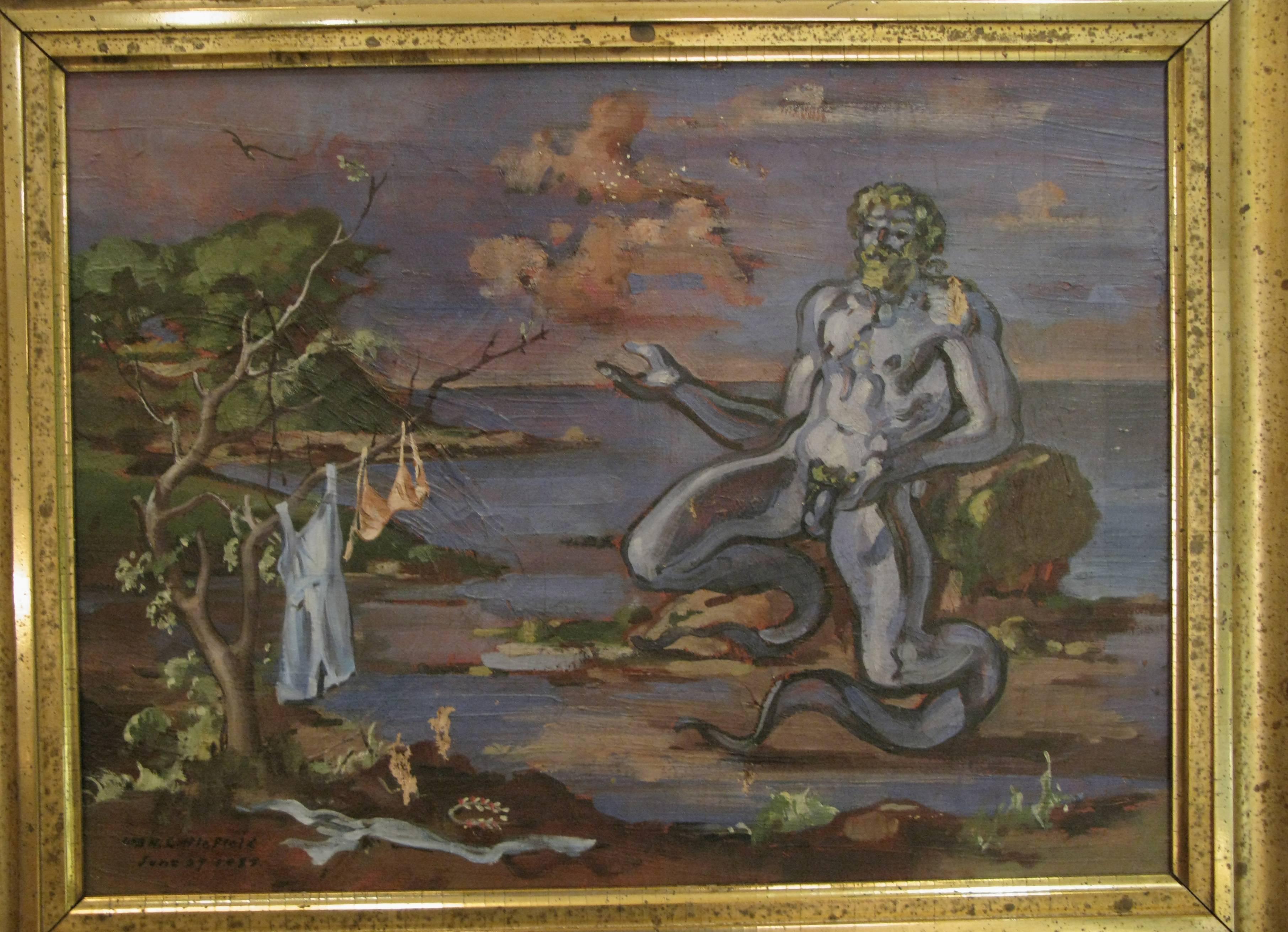 A mythological oil on canvas painting of Neptune at the shore, painted by William Littlefield and signed and dated 1934. Acquired from a Provincetown, MA collector. Unrestored condition, with three small tears. 
Dimensions of outside of frame are: