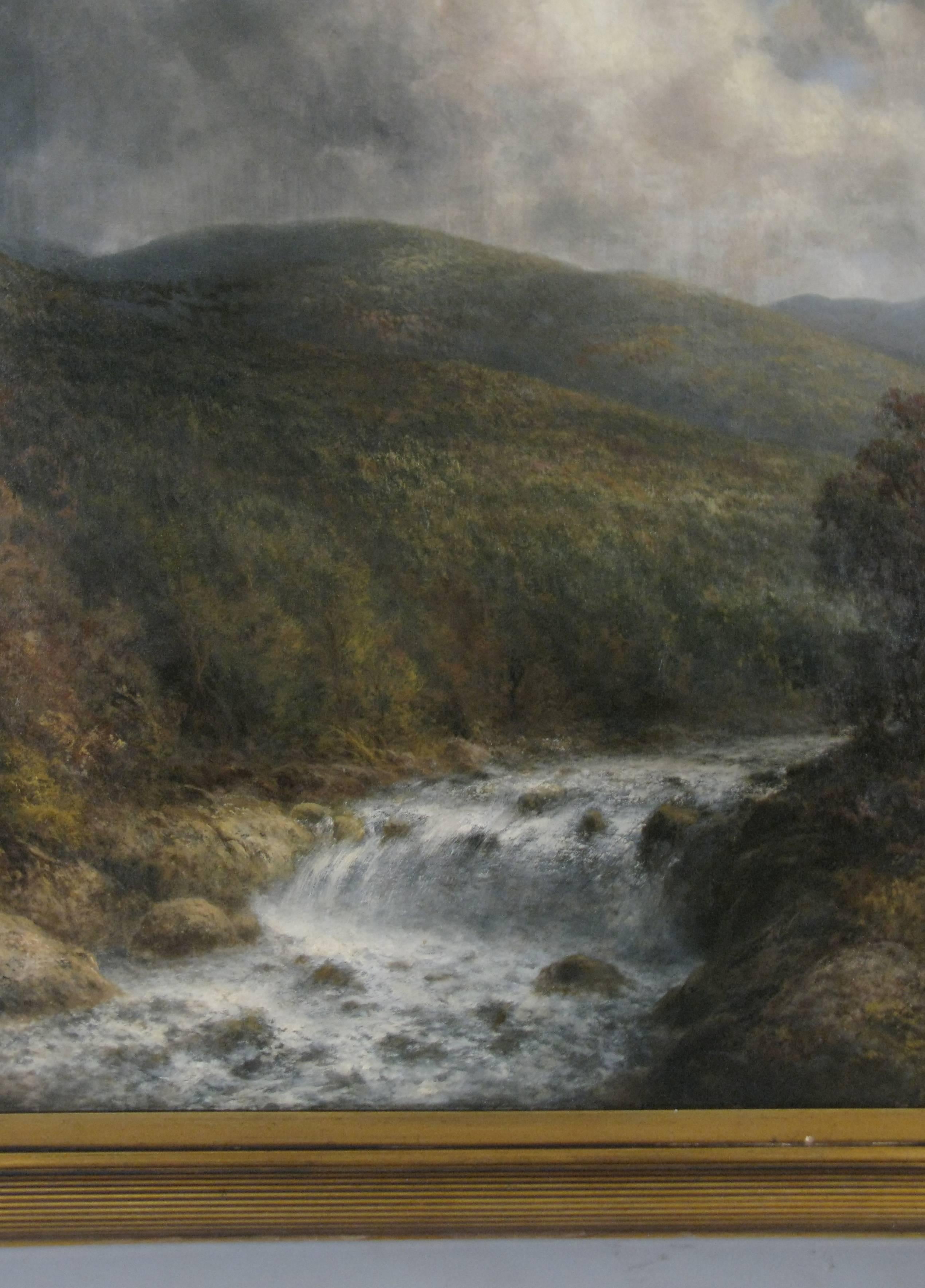 A large-scale oil on canvas painting of a Catskill mountain landscape by Thomas Griffin, circa 1913. Signed and dated. Wonderful romantic landscape with a flowing stream.