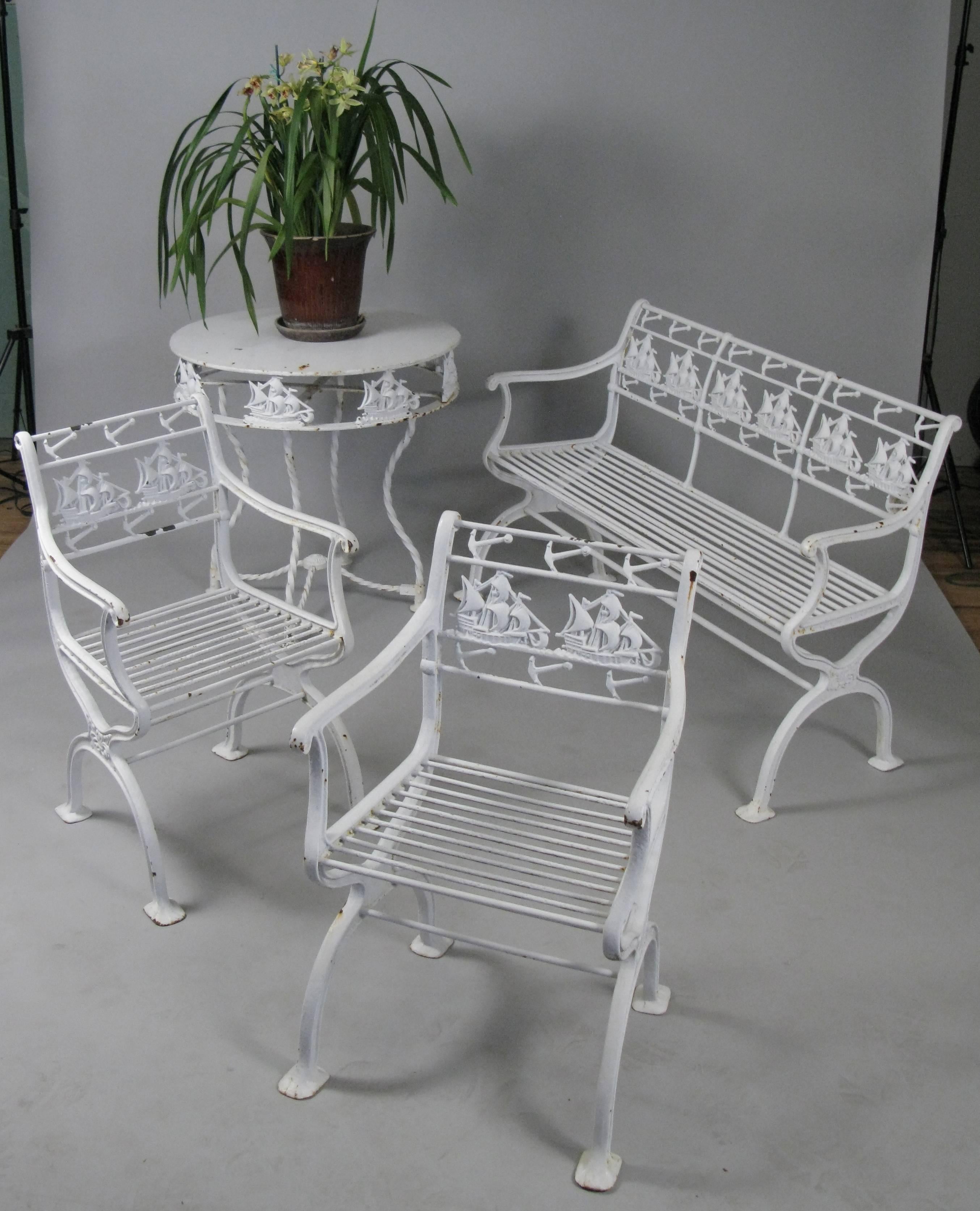 20th Century Rare Antique Cast Iron Ship and Anchor Bench, Table and Pair of Chairs For Sale