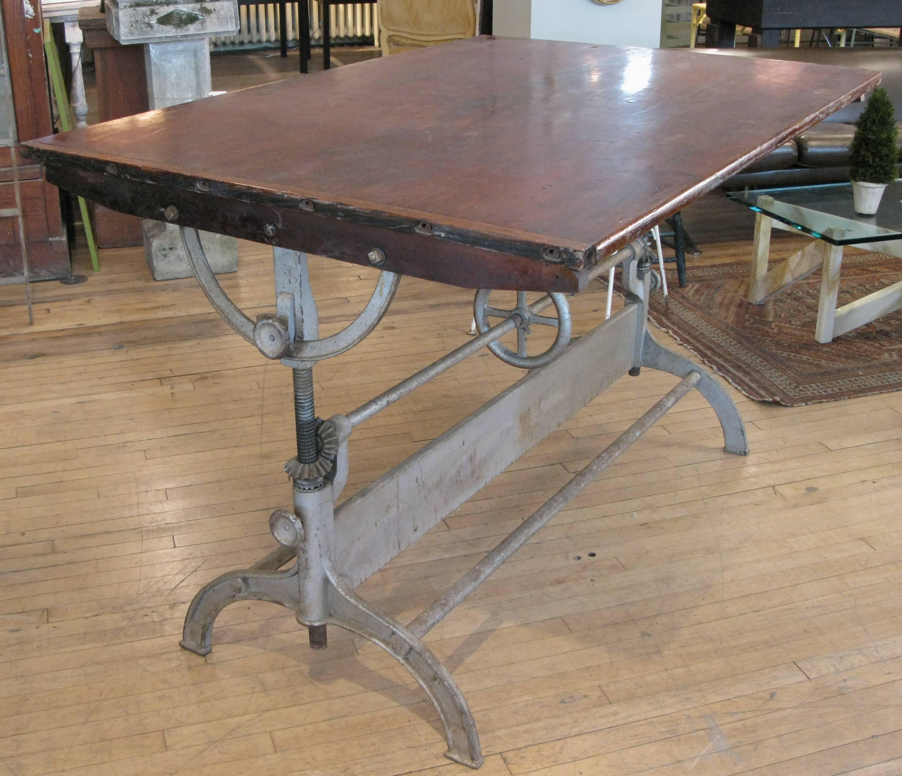 Antique Industrial Cast Iron Adjustable Drafting Table In Excellent Condition In Hudson, NY